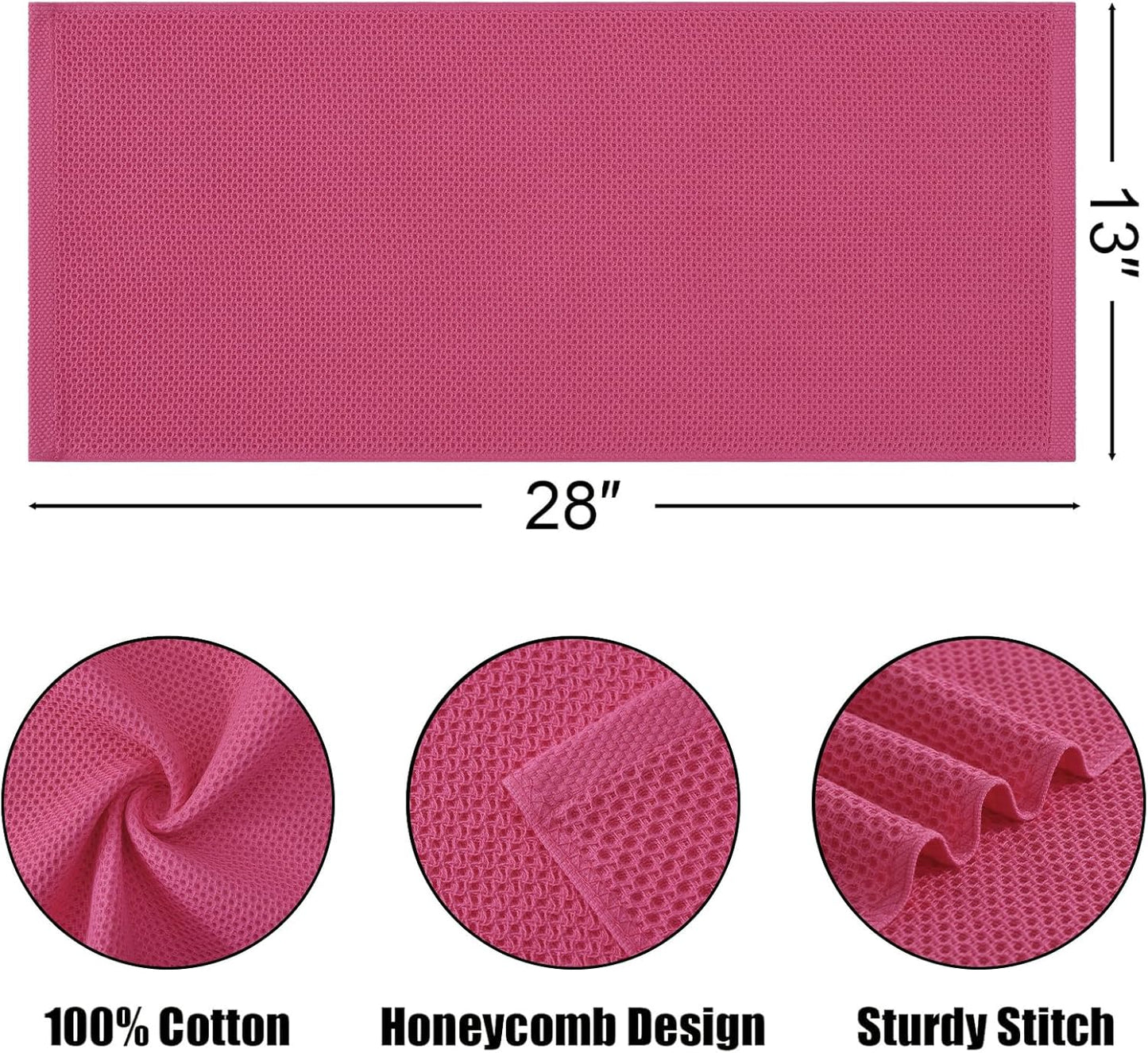Kitinjoy 100% Cotton Waffle Weave Kitchen Towels, 12-Pack Super Soft and Absorbent Dish Towels for Drying Dishes, Kitchen Hand Towels, 13 in x 28 in, Hot Pink