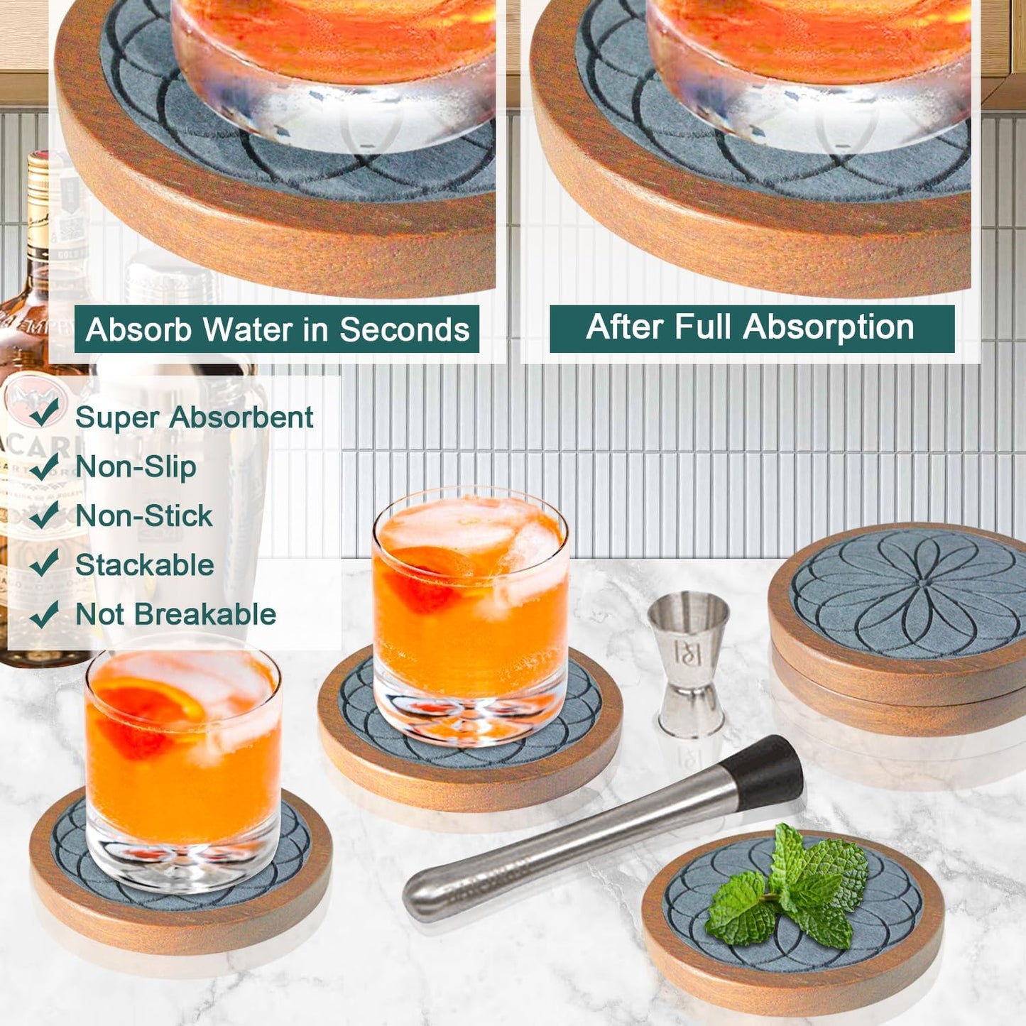 5 Pack Wood Coasters for Drinks, Minacun Absorbent Coaster Set, Drinks Coasters for Coffee Tabletop Protection, Non-Slip, Non-Stick, Suitable for Kinds of Cups Wooden Table Drink, 4.3 Inch Gray