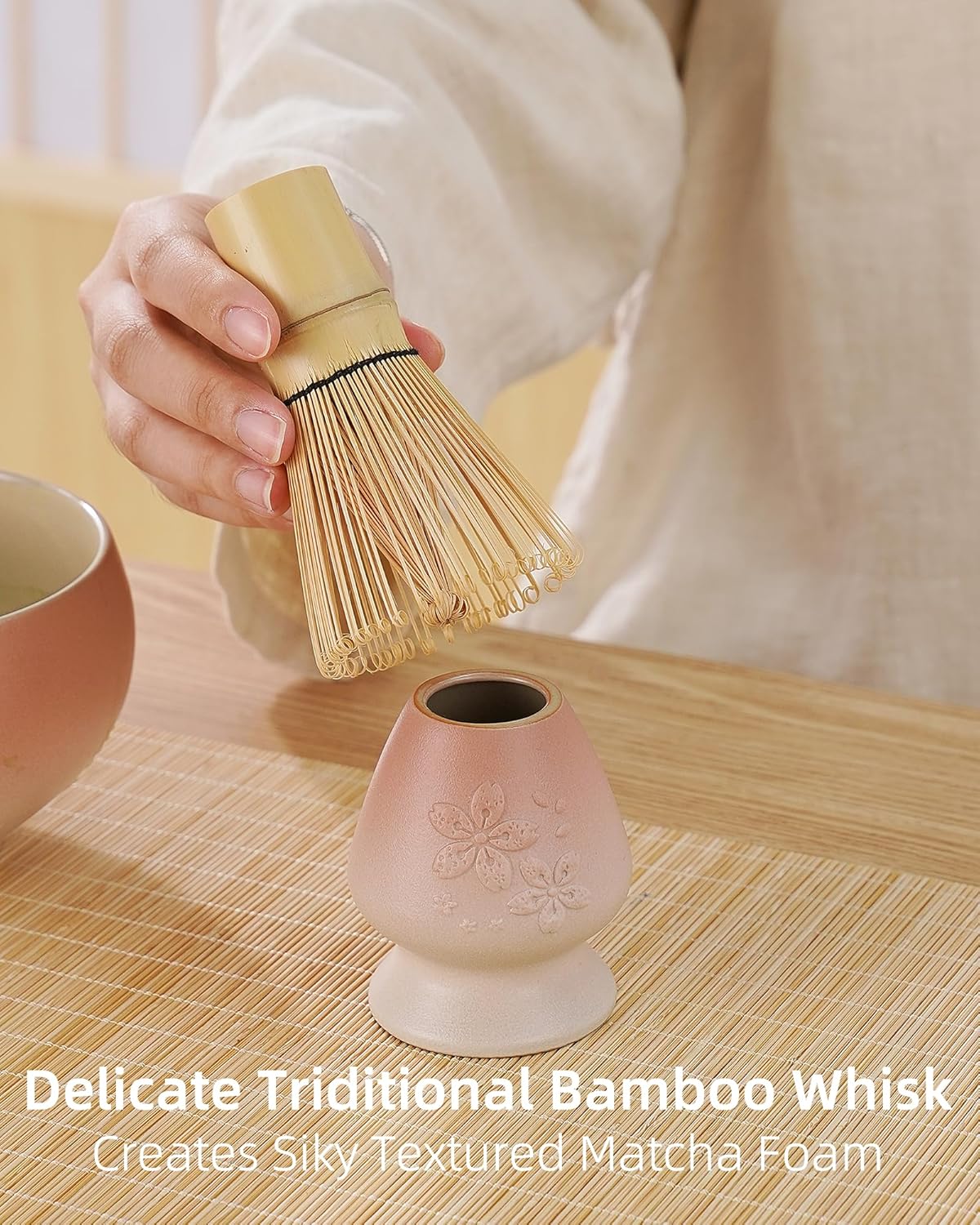 ZENS Matcha Whisk Set, Pink Ceramic Matcha Bowl with Embossed Sakura, 6pcs Matcha Tea Kit Includes Bamboo Whisk, (Chasen Holder) Scoop & Sifter, Tea Towel for Matcha Ceremony, Pink