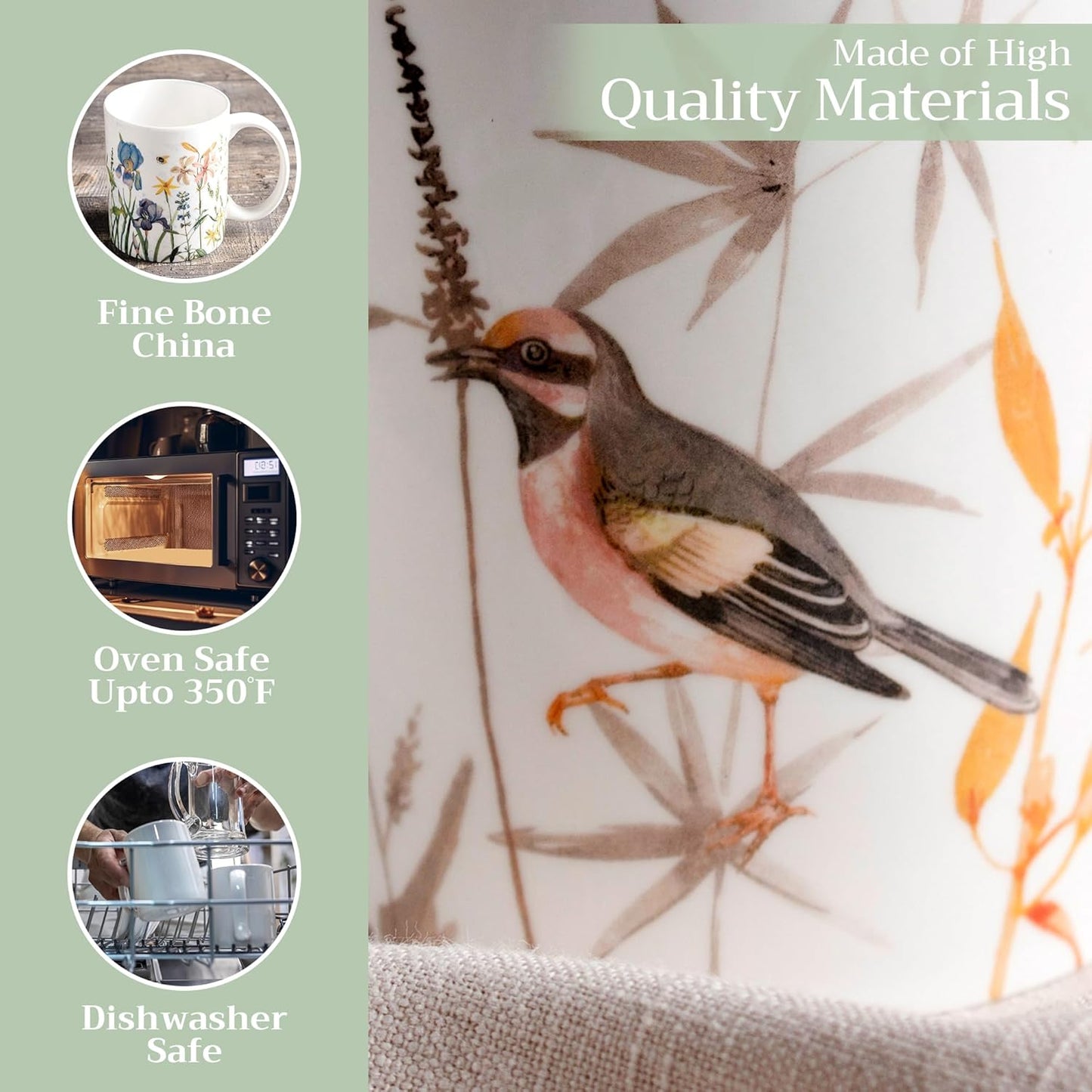 Maison d' Hermine Coffee Mug with Handles Fine Bone China Mugs Pack of One Tea Cups for Hot Beverages Cappuccino Latte Home Office Perfect for Gift (Meadow Florals - Beige Meadow Sunrise, 15 Ounce)