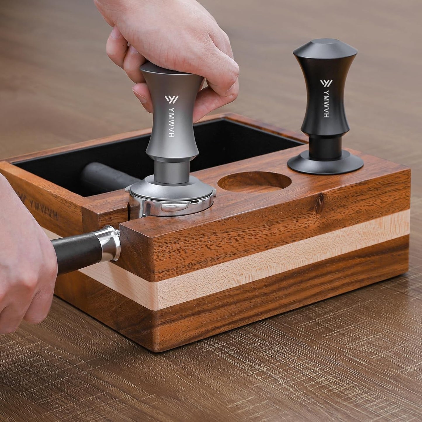 Espresso Tamper 53.3mm, YMWVH Premium Barista Espresso Coffee Tamper Silver with Dual Spring Loaded 100% Stainless Steel Ripple Base, Constant 30lb, Compatible with Breville 54mm Portafilter