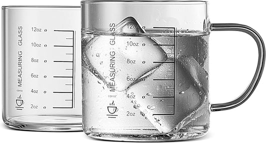 LUXU Glass Coffee Tea Cups Set of 2,Clear Coffee Mugs for Hot or Cold Beverages,Large Wide Mouth Drinking Glasses,Perfect for Mocha,Latte,Milk,Cappuccino,Water and Juice -14 oz Measuring Cups