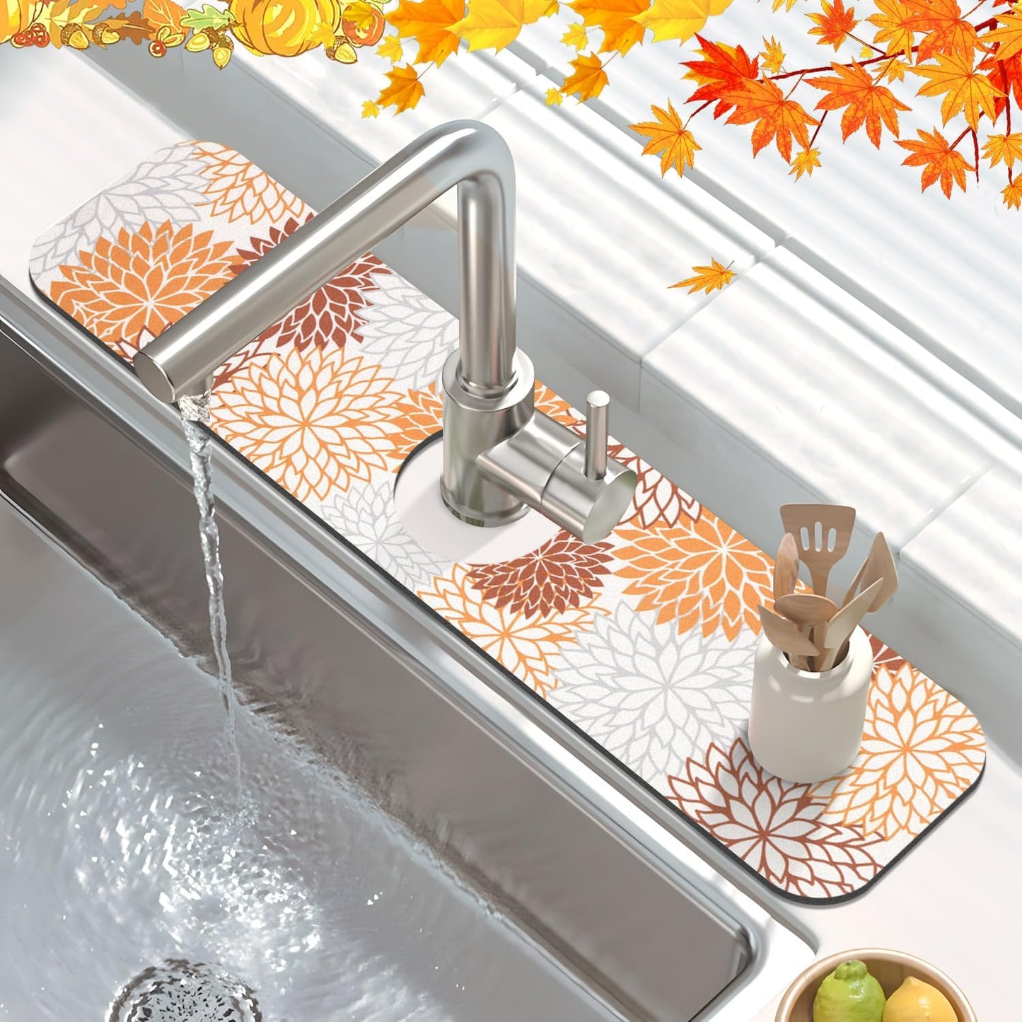 Findosom 2PCS 17" x 32" Fall Dish Drying Mat & 24" x 5.5" Sink Splash Guard, Super Absorbent & Cuttable Dish Mat Drying Kitchen Mat with Orange Floral, Hide Stain Drying Mat for Kitchen Counter