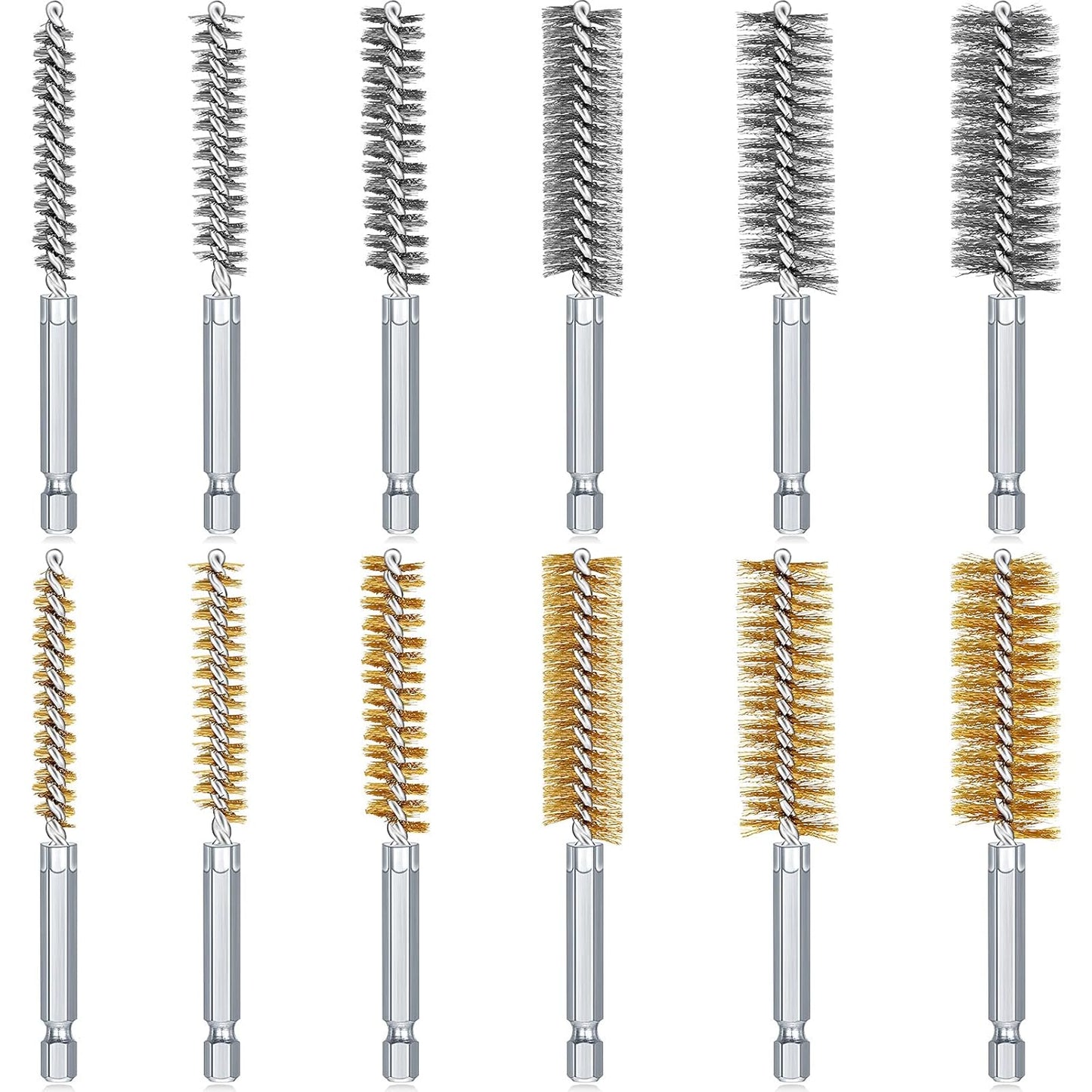 12 Pieces Bore Brush for Drill Wire Bore Brush Set Wire Cleaning Set Stainless Steel Cleaning for Power Drill Impact Driver (Stainless Steel,Brass)