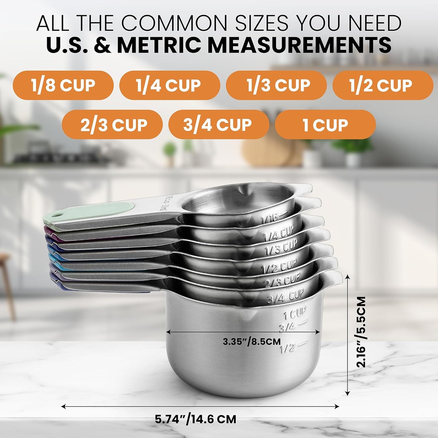 Spring Chef Magnetic Stainless Steel Measuring Cups (Patent Pending), Kitchen Tools with Easy to Read Markings for Measuring Dry or Liquid Ingredients, Set of 7, Winter Frost