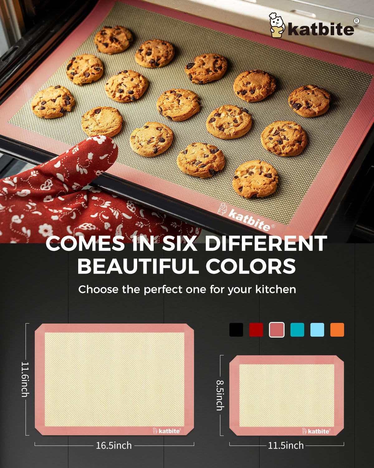 Katbite Silicone Baking Mat Colorful Collection - Set of 3: 2 Half Sheets Mats (11 5/8" x 16 1/2") + 1 Quarter Baking Sheet, Reusable & Nonstick Bakeware Mats for Cookies, Macarons, Bread (Pink)