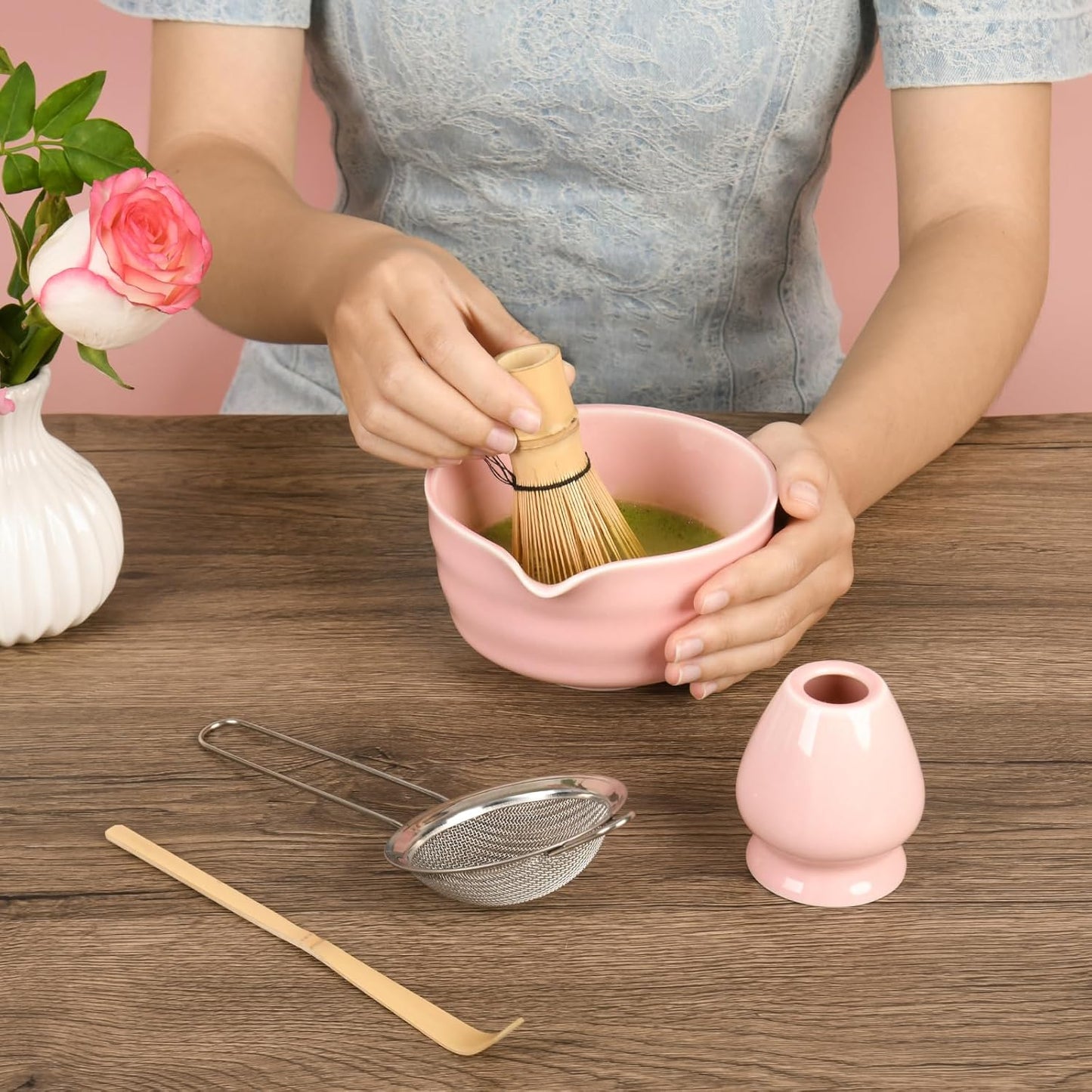 Pink Matcha Whisk Set - Ceramic Matcha Making Kit with Bamboo Whisk, Scoop, Bowl, Ceramic Holder & Sifter –5 PCS Handcrafted Elegant Japanese Tea Ceremony Tools Gift for Matcha Lovers