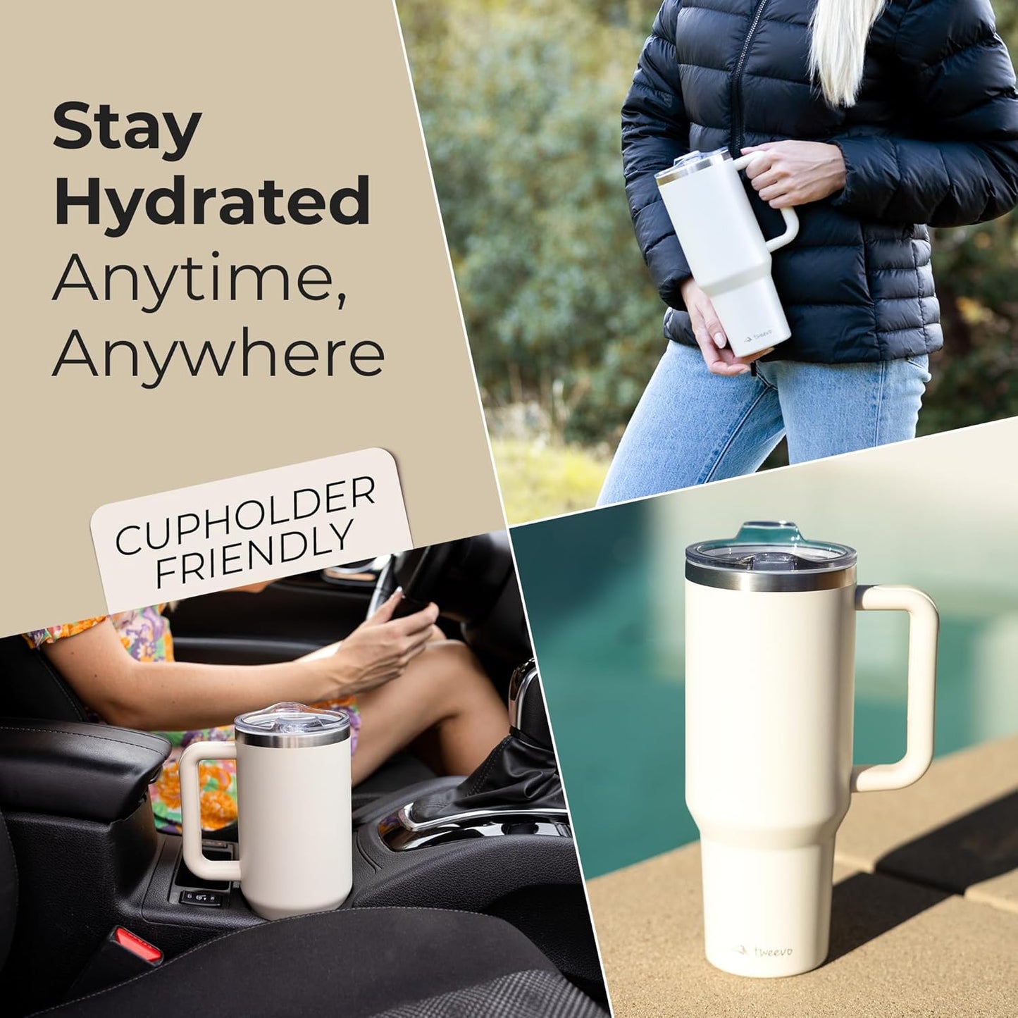 40 oz Tumbler With Handle and Straw Made of Stainless Steel - Double Wall Vacuum Insulated Tumbler With Lid - Sweat Proof Easy Grip, BPA-Free, Dishwasher Safe Tumbler (Cream)