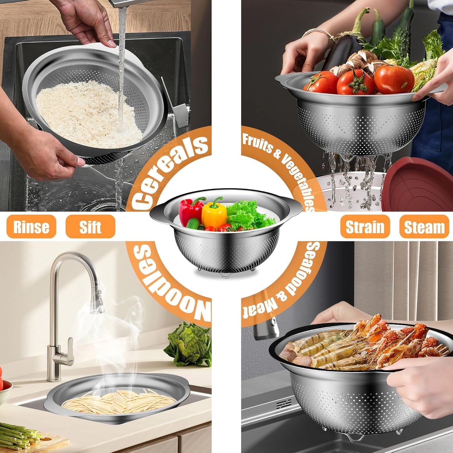 Mixing Bowls with Airtight Lids Set, 4 Stainless Steel Bowls Nesting Bowls & Colander, Kitchen Organizers and Storage Non-Slip Bottom, Size 1.5/2.0/2.5/4.5QT, Great for Mixing & Serving, Multicolor