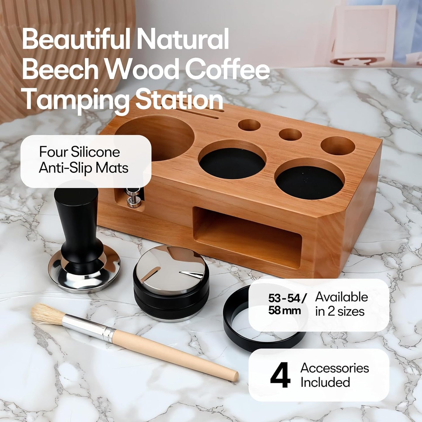 Espresso Tamping Station With Tools - 51, 53, 54 mm - Includes Coffee Tamper, Distributor, Dosing Funnel & Brush - Wooden Coffee Tamper Station - Espresso Organizer & Portafilter Holder