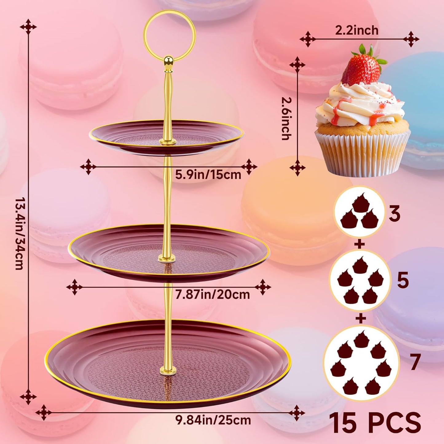 PinCute Cupcake Stand Holder - 3 Tier Cup Cake Dessert Stands, Plastic Tiered Serving Tray&Metal Rod for Birthday Party, Wedding, Tea Party, Baby Shower-Red