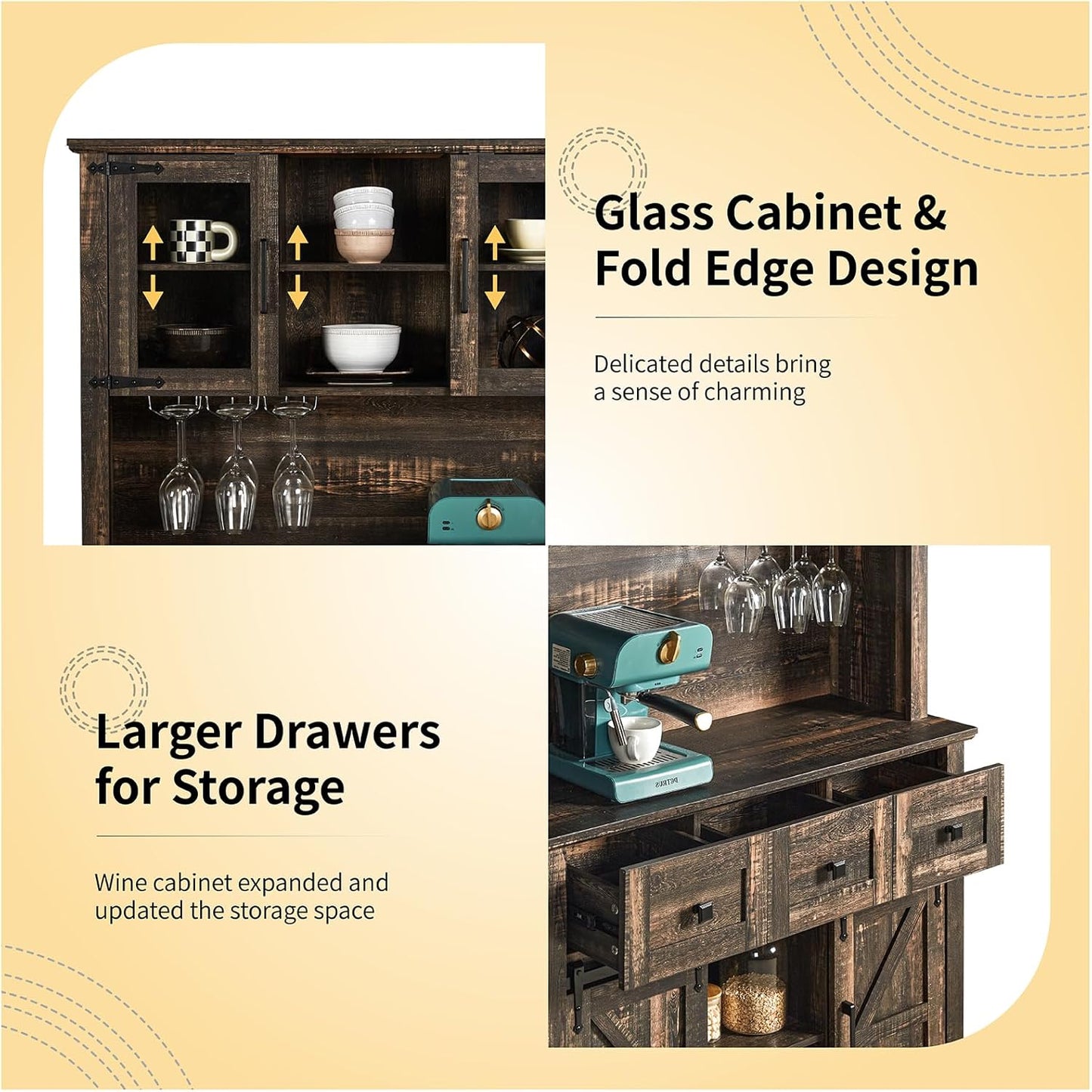 72" Coffee Bar Cabinet with Sliding Barn Door & LED Lights, Sideboard Buffet Cabinet with Wine Bottle Rack, 3 Drawers, Storage Cabinet for Kitchen, Dining Room, Dark Rustic Oak, DBC20B