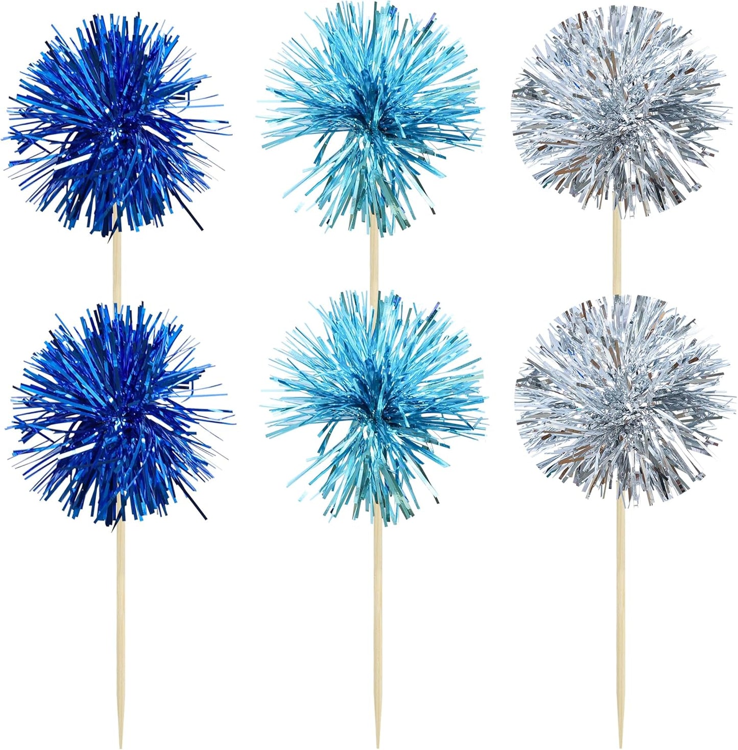 Gyufise 30Pcs Foil Firework Cupcake Toppers Sparkle Tinsel Cake Toppers Tinsel Drink Cake Decoration Cocktail Picks for Birthday Wedding Graduation Party Supplies Blue Silver