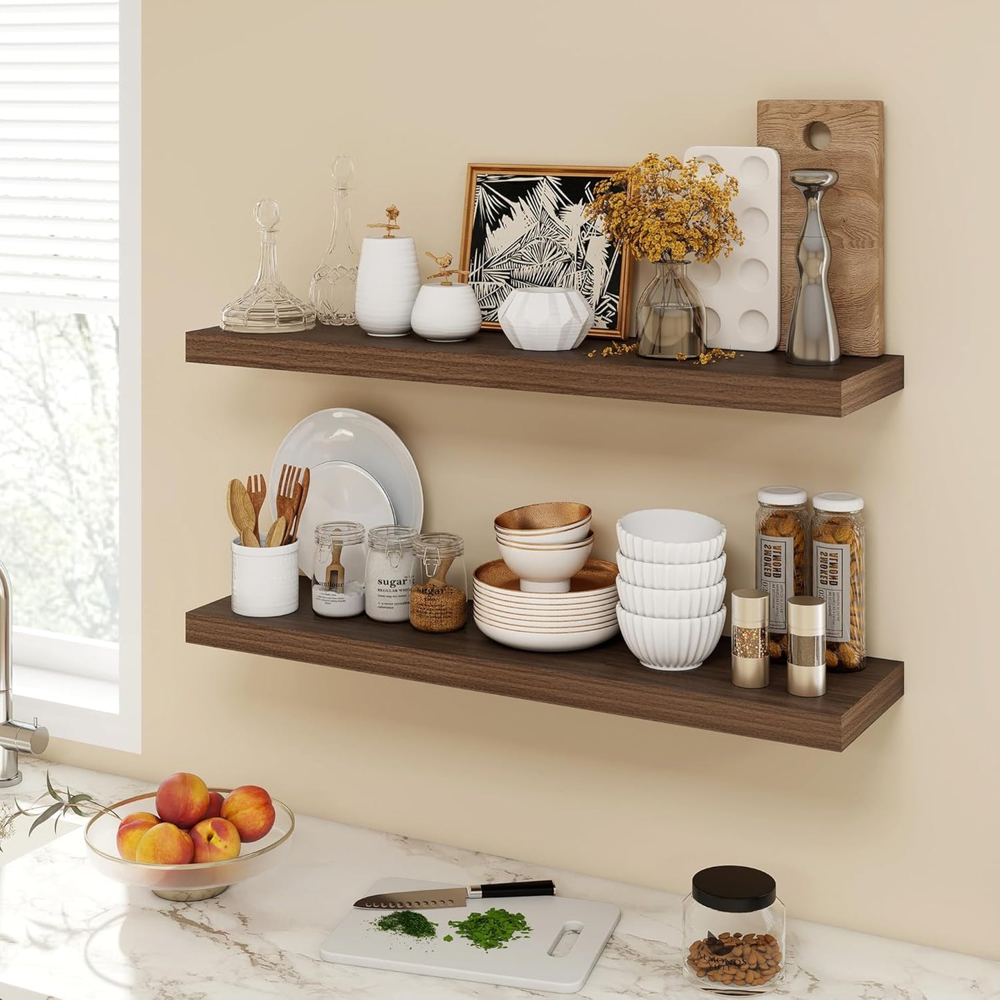 36 Inch Floating Shelves, 9.3" Deep Floating Shelf Wall Mounted, 36" Wall Shelves, Rustic Deep Bookshelf, Large Display Shelves & Storage Shelves for Bedroom, Living Room, Walnut, Set of 2