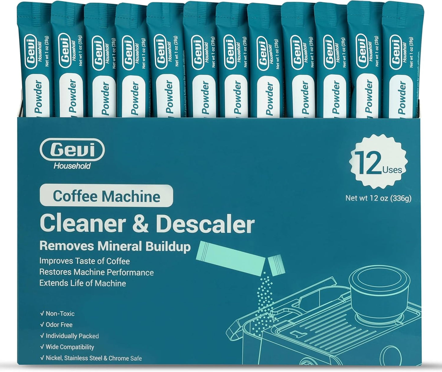 Gevi Coffee Maker Cleaner, Espresso Machine Cleaning Powder - 12 Use & Individually Packed for Each Use | Organic Citric Acid Cleaner Compatible with All Major Brands