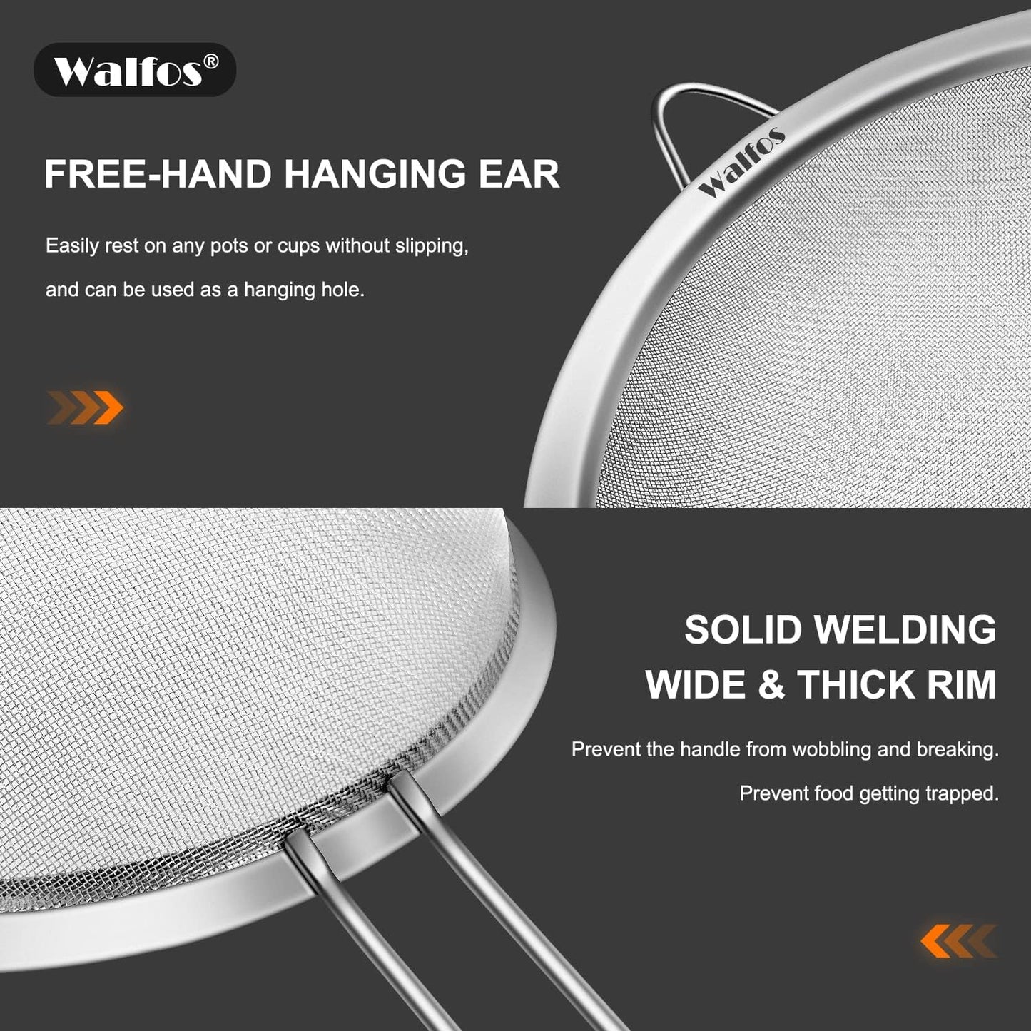 Walfos 9.5 Inch Large Fine Mesh Strainer, Stainless Steel 30 Mesh Sieve with Sturdy Handle, Kitchen Food Strainers Sifters for Rice, Quinoa, Pasta, Fruits, Vegetables, etc.