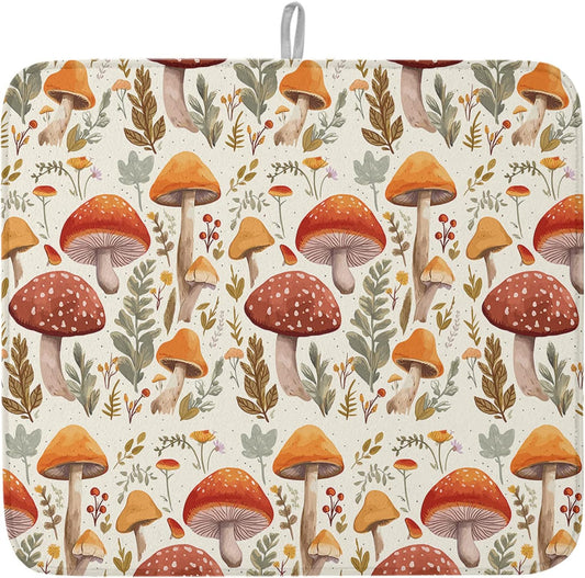 Fall Dish Drying Mat for Kitchen Counter Mushroom Drying Pad Absorbent Drying Mats for Countertops Sinks Draining Racks Autumn Plant Leaves Drainer Holiday Harvest Thanksgiving Decorations 18x24