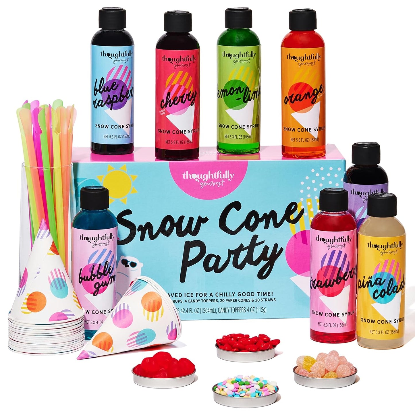 Thoughtfully Gourmet, Snow Cone Party Gift Set, Includes Ingredients for 20 Snow Cones, 8 Flavored Syrups, Toppings, and Paper Cups, Set of 20