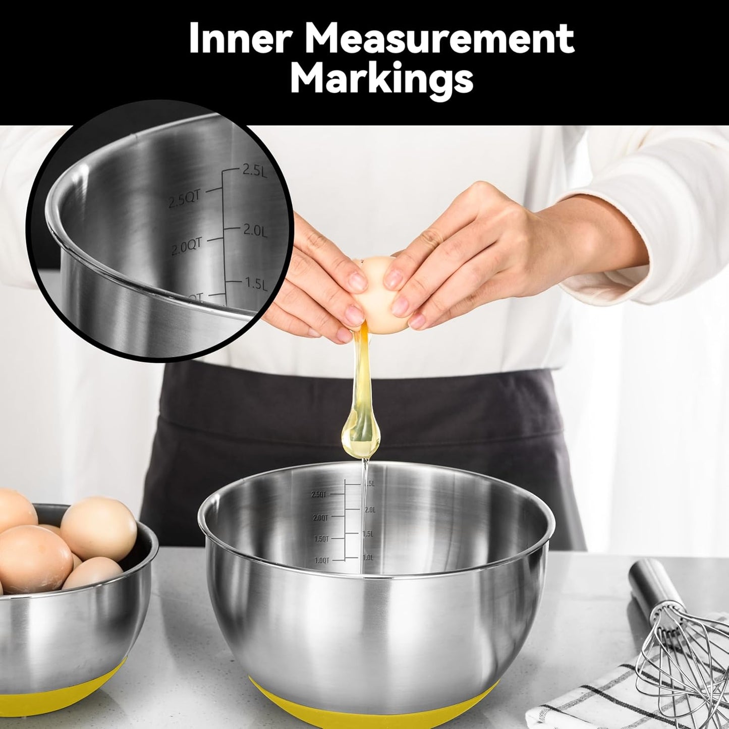 Stainless Steel Mixing Bowls with Lids – Set of 5 Large Nesting Metal Bowls for Kitchen, Baking, Cooking, Food Prep & Storage, Non-Slip Base, Dishwasher Safe,Yellow