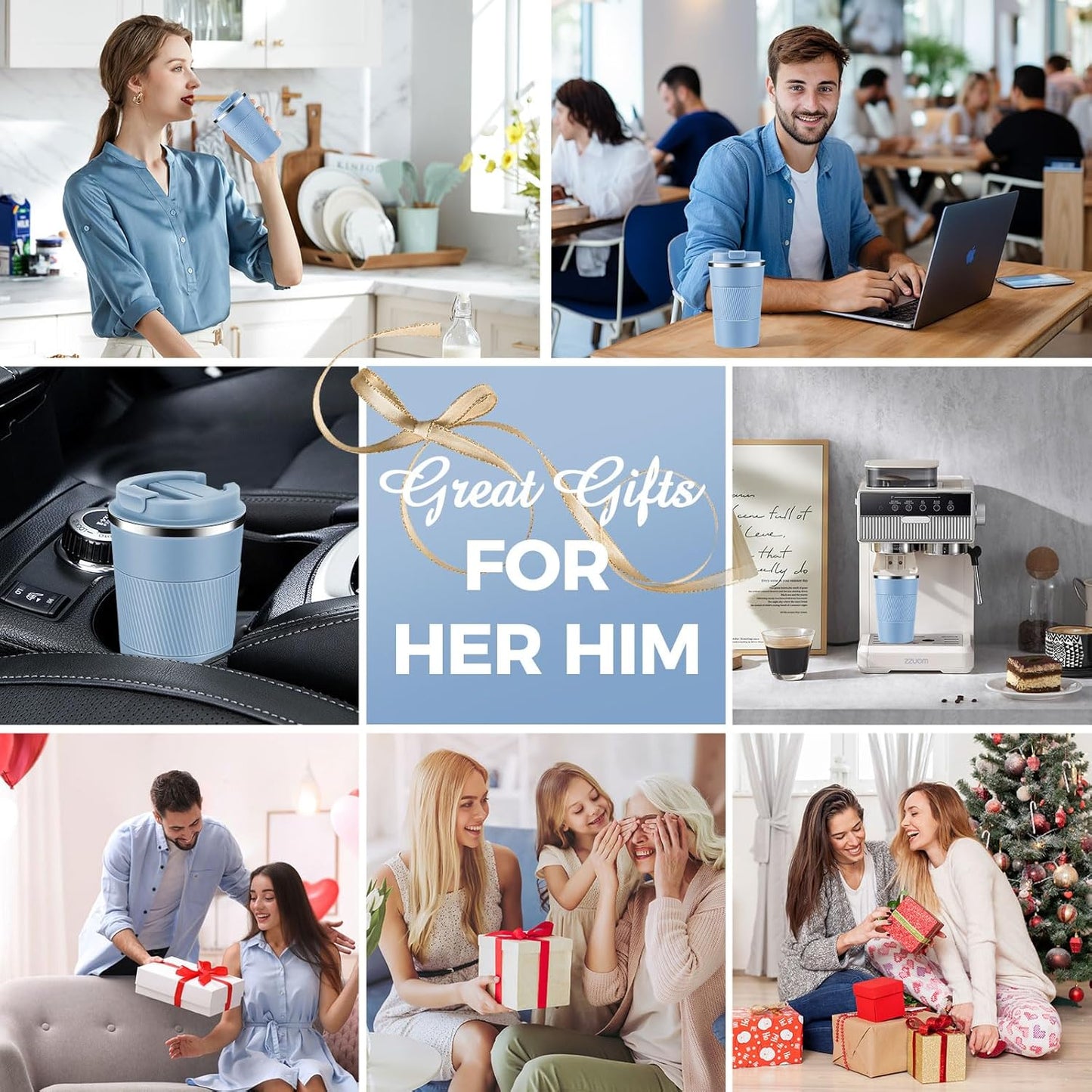 Volhoply 13 oz Stainless Steel Insulated Travel Coffee Mug with Fip Lid Bulk 4 Pack,Reusable Double Wall Vacuum Metal Coffee Cup,Portable Leak Proof Thermal Tumbler for Hot & Cold Drinks(Fog,4)