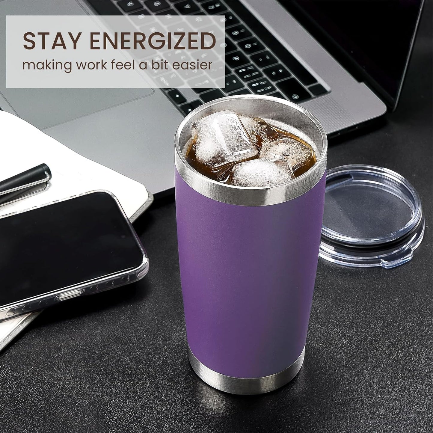 MEWAY 20oz Tumbler 4 Pack Double Wall Vacuum Insulated Travel Mug Bulk, Stainless Steel Tumblers with Lid and Straw, Durable Powder Coated Coffee Cups for Cold & Hot Drinks (Purple, 4)