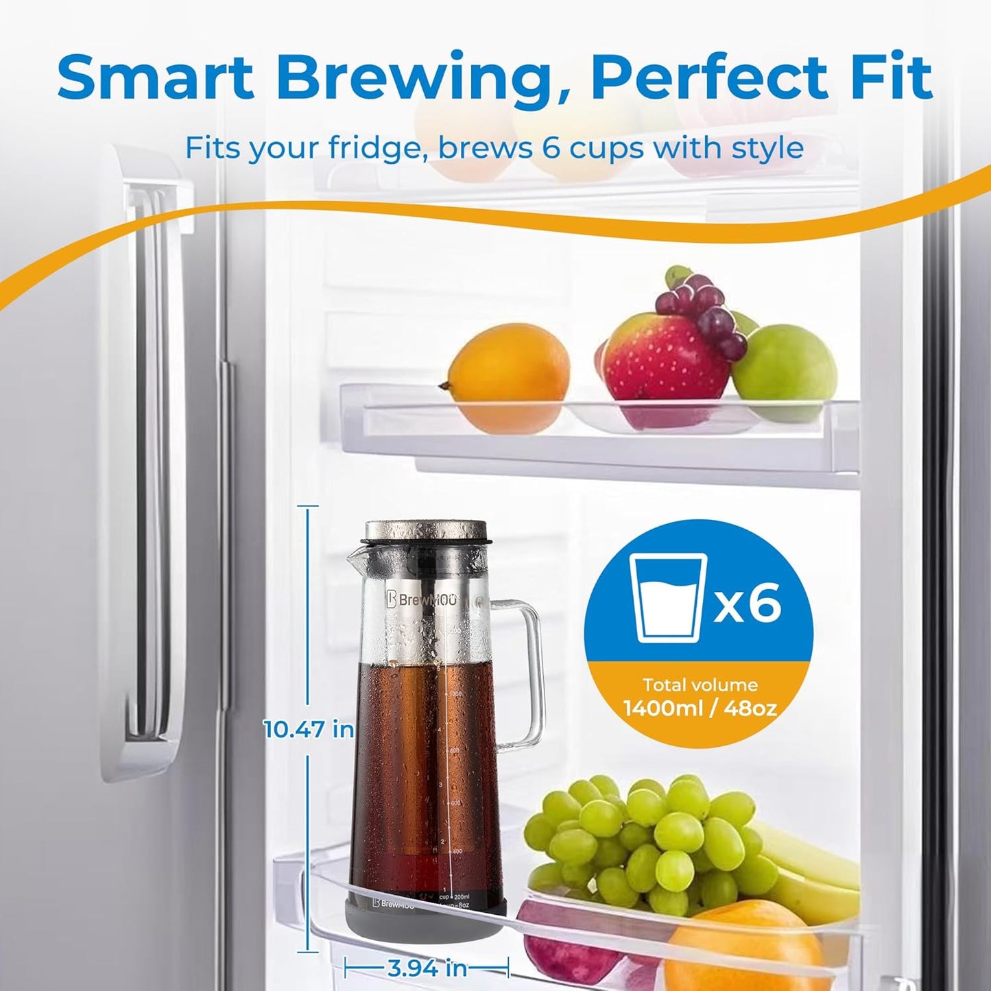 Cold Brew Coffee Maker (1.4L/48oz) - Sleek Borosilicate Glass Pitcher with 100um 304 Stainless Steel Filter, Non-Slip Base & Airtight Lid, Effortless Manual + Recipes for Beginner (Black)