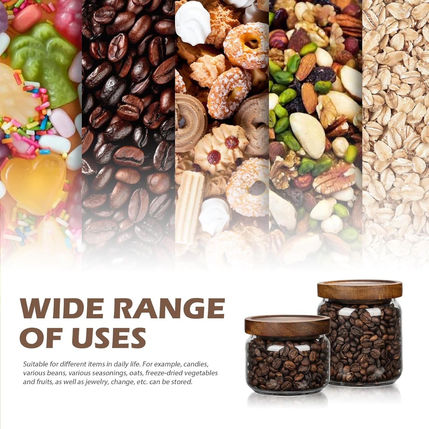 1 PC Small Glass Storage Jars with Airtight Lids, 17 fl oz (500ml) coffee container with Wooden Lid, Glass Pantry Canister for Beans, Rice, Sugar and etc