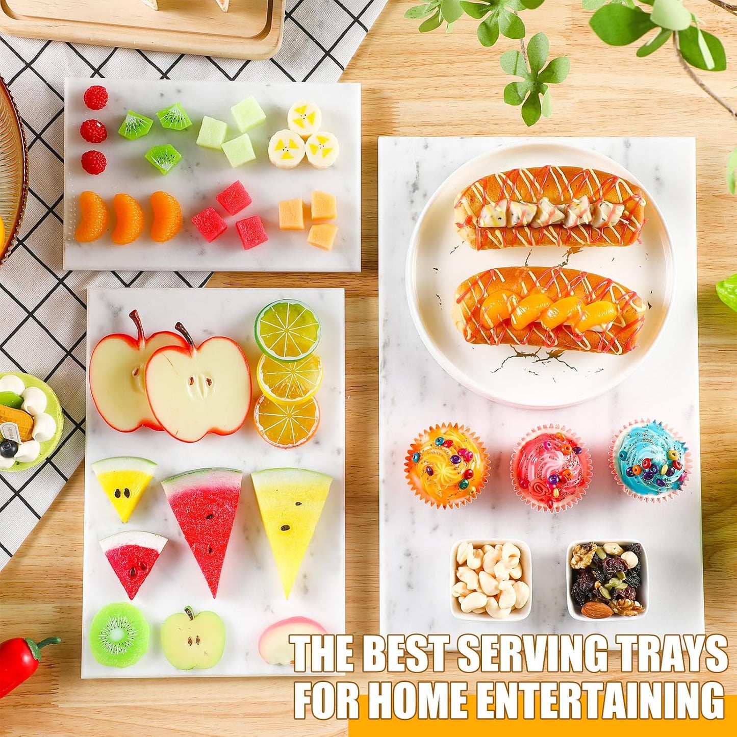 Hushee White Marble Board for Kitchen Marble Serving Tray 3 pcs Different Sizes 9 x 6'' 12 x 8'' 16 x 10'' and Non Slip Feet Pastry Cheese Tray Cutting Board for Pizza Bread Cake Baking Display