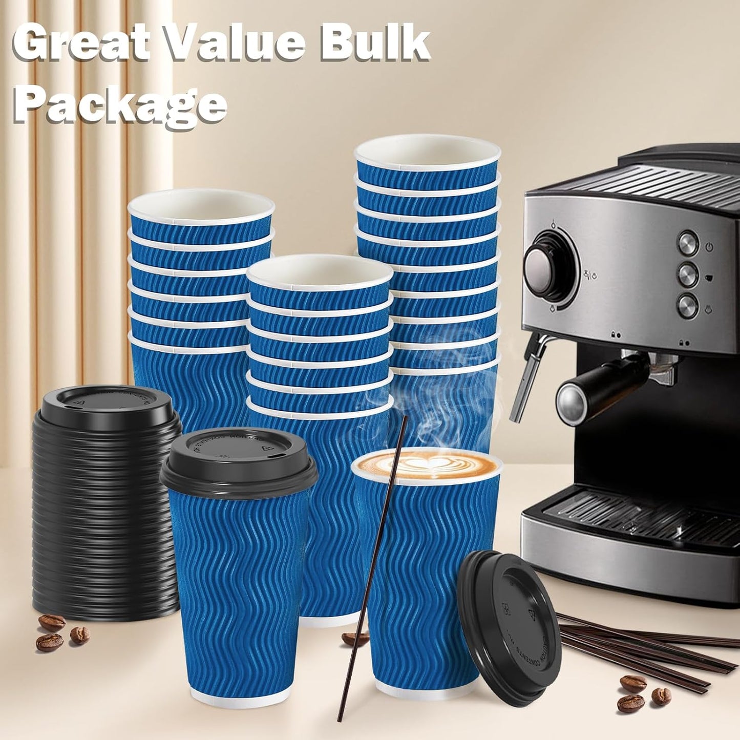 80 Pack 16 oz Disposable Coffee Cups with Lids and Straws, Insulated Ripple Wall To Go Paper Coffee Cups for Coffee, Hot Chocolate and Hot Tea Drinks - Navy