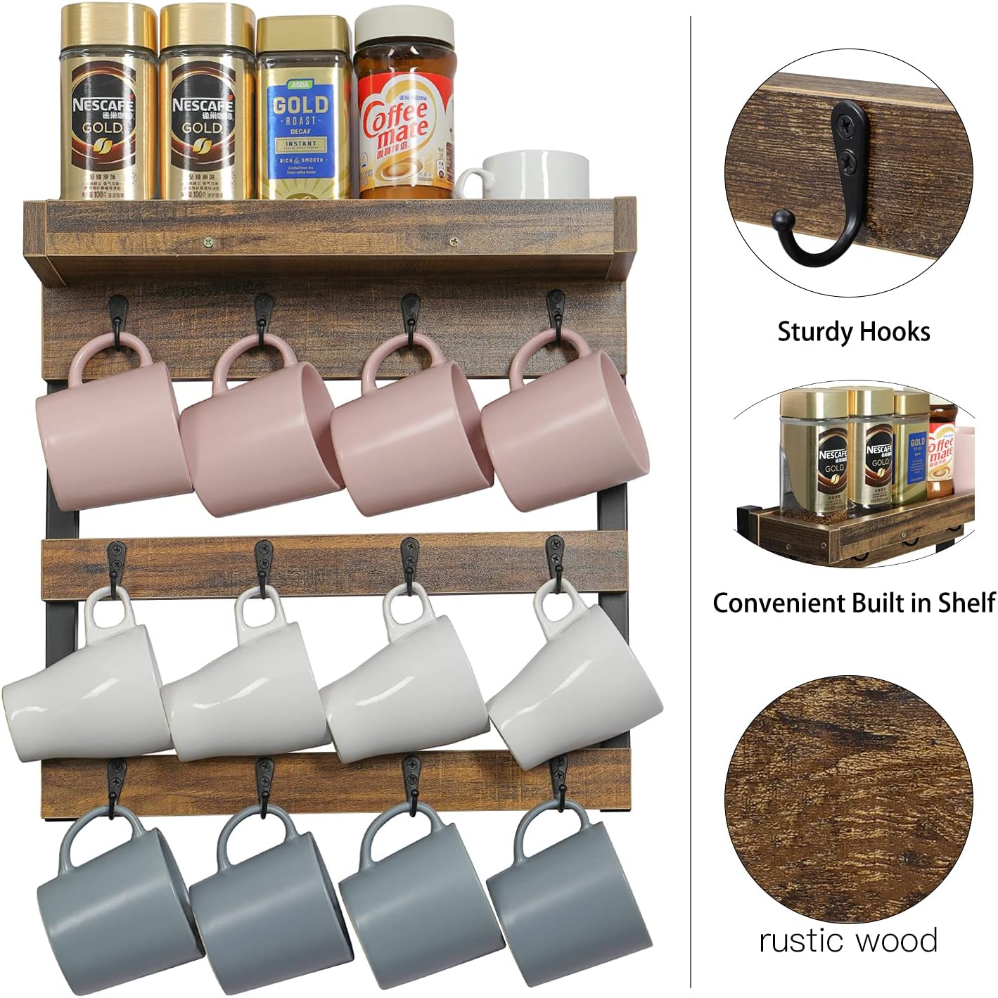 OROPY Coffee Mug Rack Wall Mounted, Rustic Wood Cups Rack with 12 Hooks and Storage Shelf, for Home Kitchen Display and Collection (Rustic Brown)