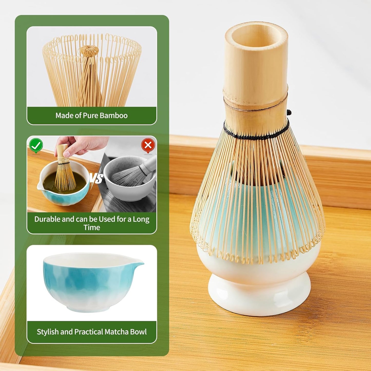 Aganippe 7 Pcs Matcha Whisk Set,Matcha Set, Matcha Kit, Matcha Tea Set,Matcha Bowl Set with Cat Scoop Holder, Tea Cloth, Sifter(Gradient Turquoise)