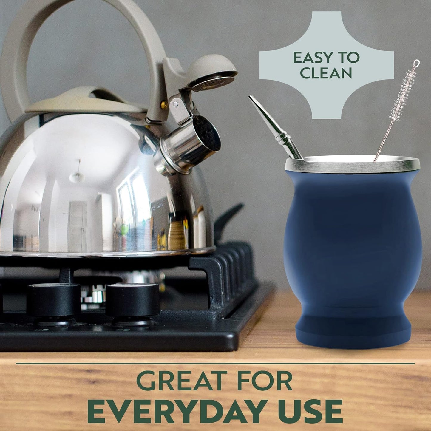 Norte Yerba Mate Cup Kit, 8-Ounces Traditional Mate Tea Cup/Gourd Set | Includes 2 Bombillas (Yerba Mate Straw) & Cleaning Brush, Stainless Steel Cup, Double-Walled, Easy to Clean | Blue