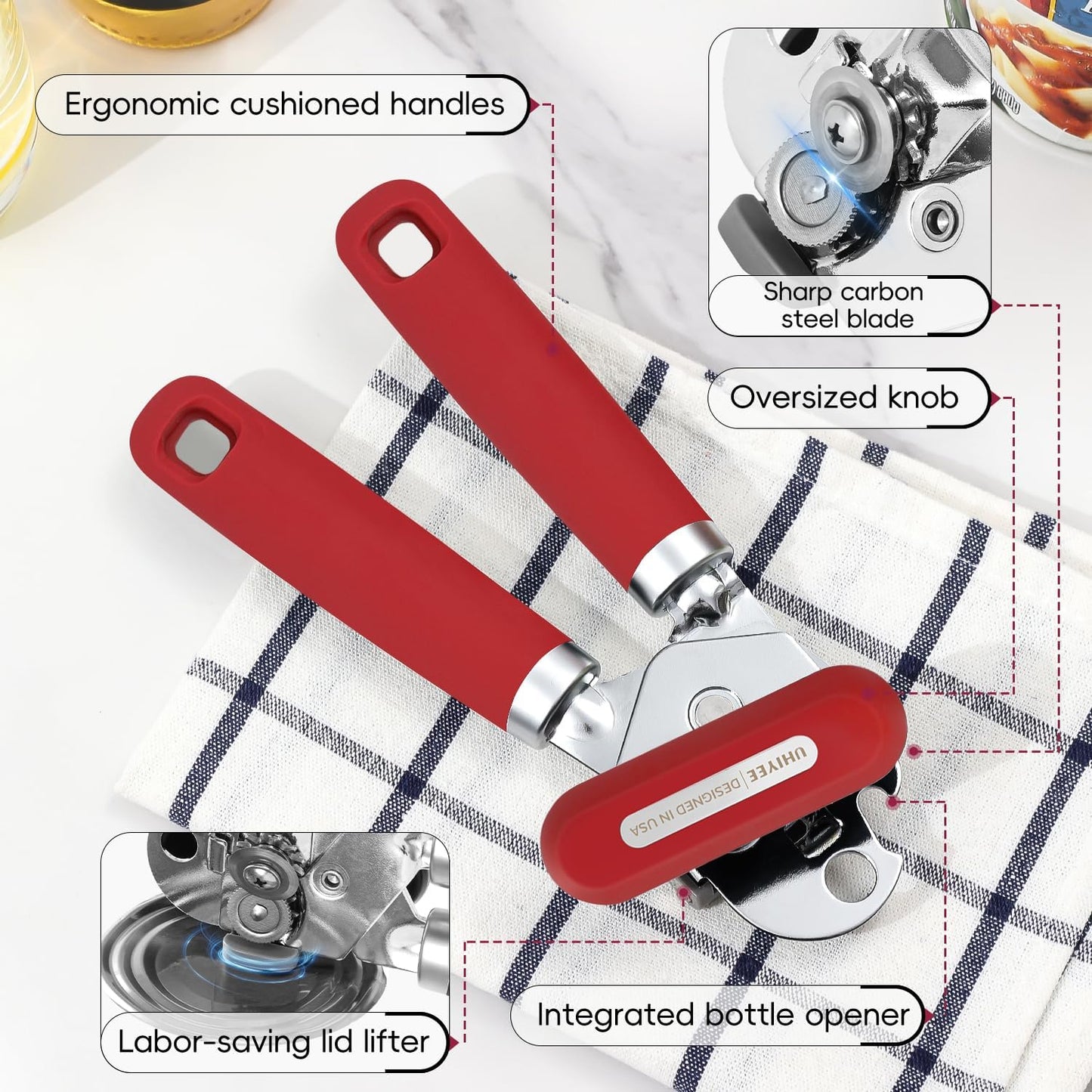 Can Opener Manual, UHIYEE Hand Held Manual Can Openers Heavy Duty with Smoother Cut Sharp Blade, Manual Hand Can Open with Soft Handle, Easy to Turn Knob, Magnetic Lid Lifter, Red