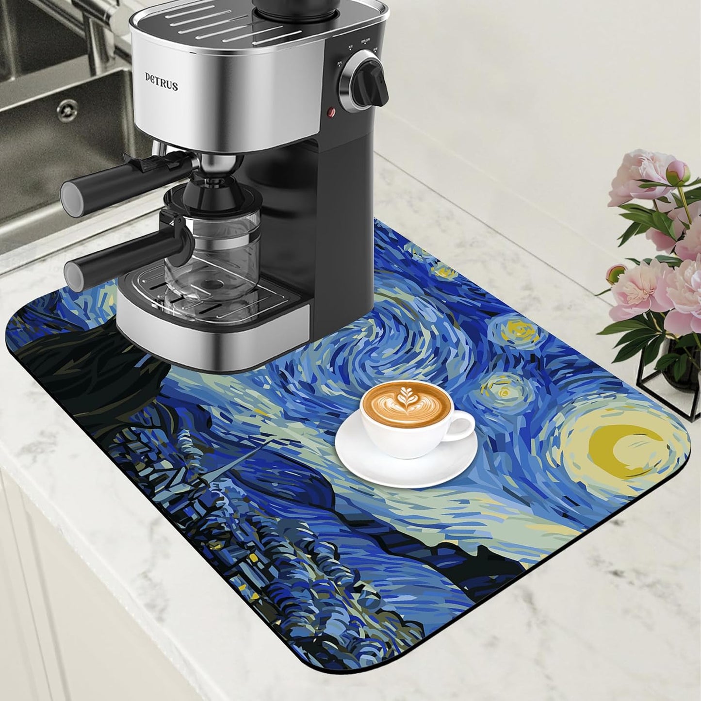 Dish Drying Mat Starry Night Art Coffee Bar Mat for Countertop Absorbent Rubber Backed Hide Stain Dish Drainer Rack Pad Espresso Machine Coffee Pot Dining Room Decoration 11.8 x 19.7 Inch