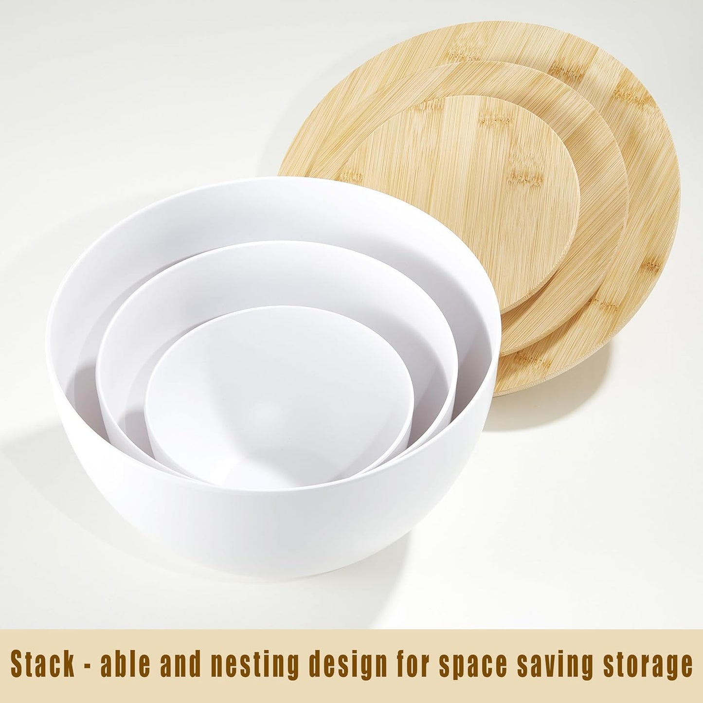 JOYMAY Salad Bowls, Mixing Bowl Salad Bowl Set, Natural Bamboo Fiber Serving Bowl Set of 3 with Bamboo Wood Lid, Nesting Bowls for Salads,Pastas(White,10",8",6")