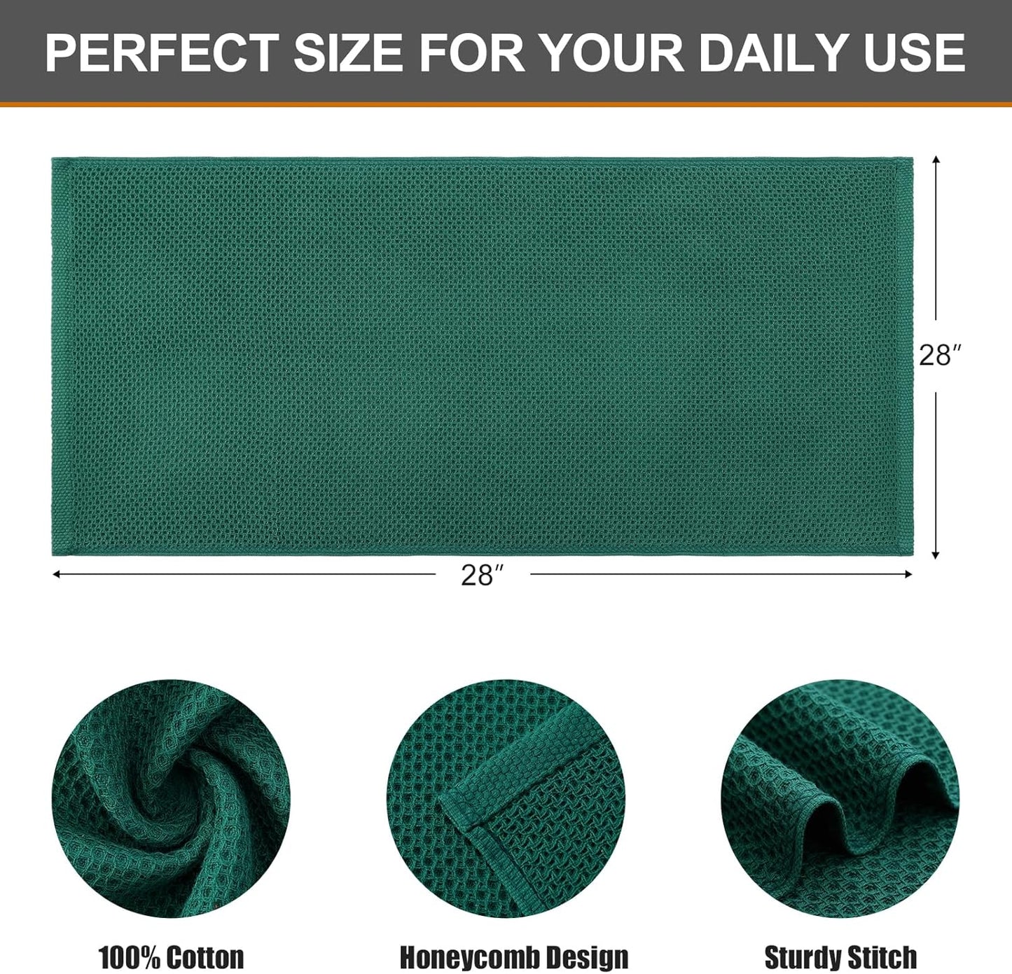 Kitinjoy 100% Cotton Waffle Weave Kitchen Towels, 4-Pack Super Soft and Absorbent Dish Towels for Drying Dishes, Kitchen Hand Towels, 13 in x 28 in, Dark Green