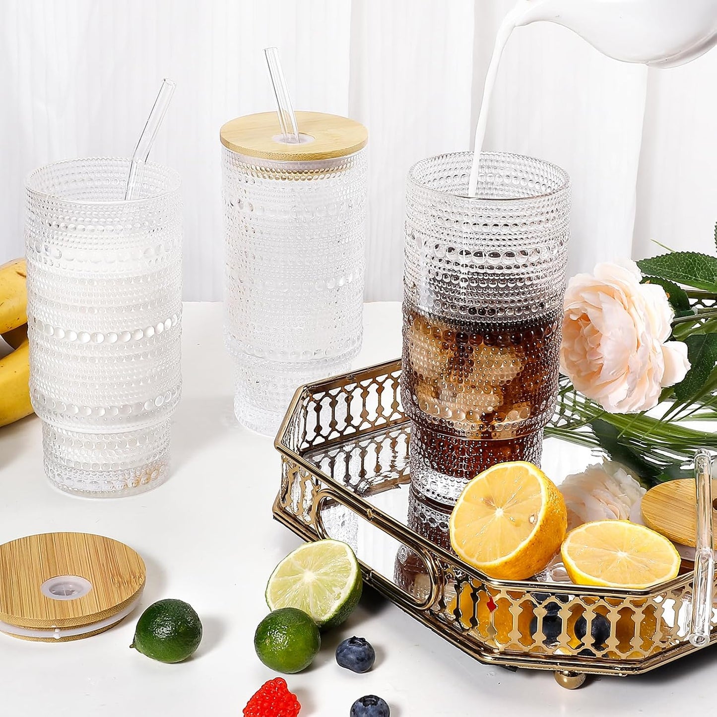 16 Oz Glass Cups with Lids and Straws, Vintage Embossed Glassware for Whiskey Cocktail Beer, Iced Coffee Cup with Lid, Glass Tumbler (2 PACK)