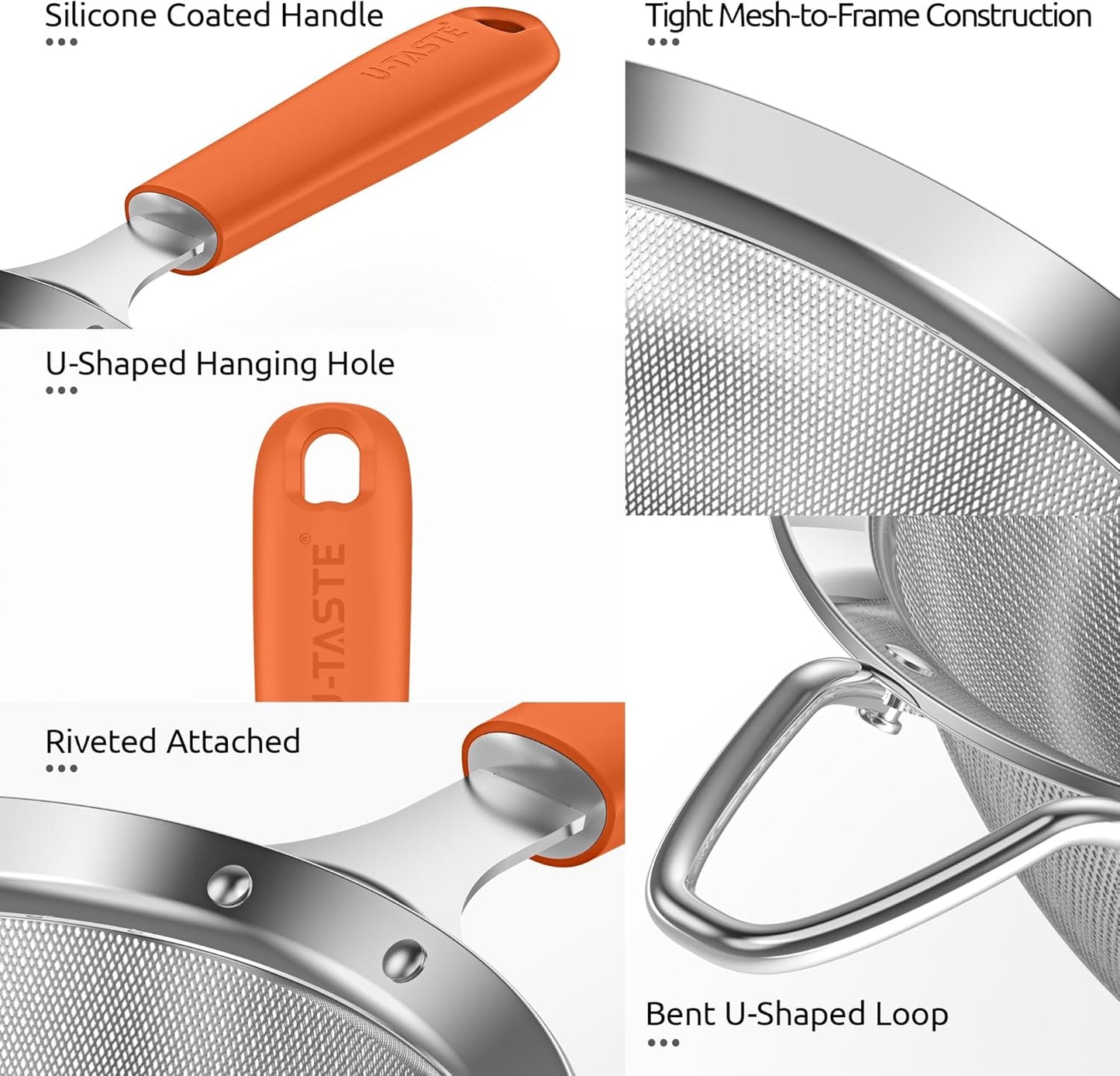 U-Taste Small Fine Mesh Strainer: 18/8 Stainless Steel 3.35in 30 Mesh Kitchen Food Sieve with Sturdy Riveted Silicone Handle, Heavy Duty Deep Handheld Metal Colander for Tea, Juice (Orange)