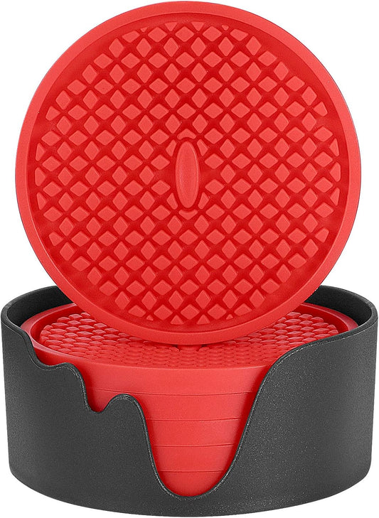 ME.FAN Silicone Coasters [6 Pack] Thickened Drink Coasters with Holder - Cup Mat - Non-Slip, Non-stick, Stay Put, Deep Tray - Prevents Furniture and Tabletop Damages(Red)
