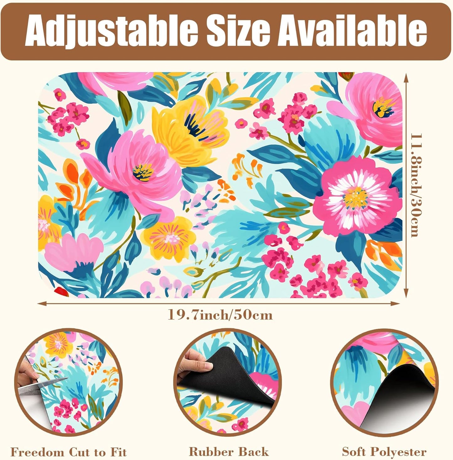 Watercolor Floral Dish Drying Mat for Kitchen Counter Coffee Bar Mat Hide Stain Absorbent Rubber Backed Coffee Maker Espresso Machine Accessories 11.8 x 19.7 Inch