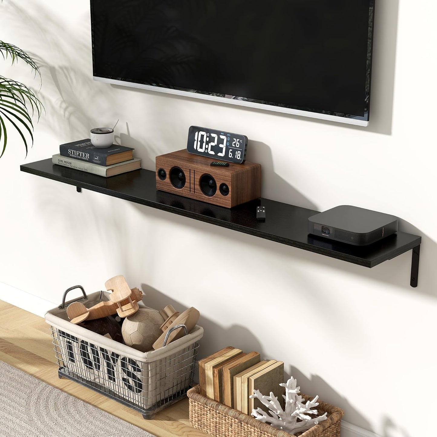 Fun Memories Deep Floating Shelves, 55W x 8D Floating Shelves Set of 2, Wall Mounted Shelf with Metal Brackets, Rustic Wood Wall Shelf for Bathroom, Kitchen and Living Room, Black