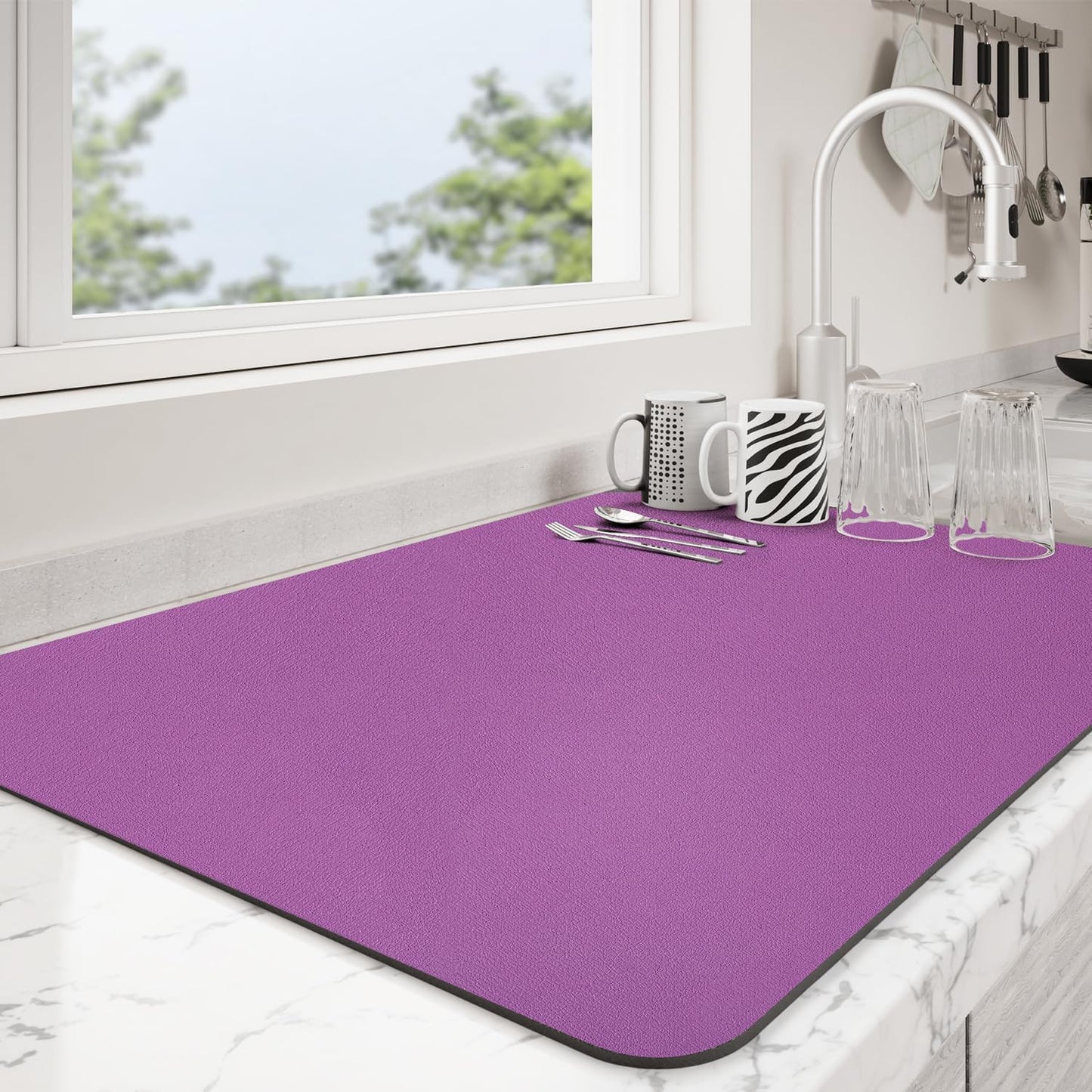 Dish Drying Mat for Kitchen Counter | Coffee Bar Mat for Countertops | Heat Resistant Drainer Mat with Non-slip Rubber Backed | Hide Stain Kitchen Absorbent Draining Mat | Purple 18"x28"