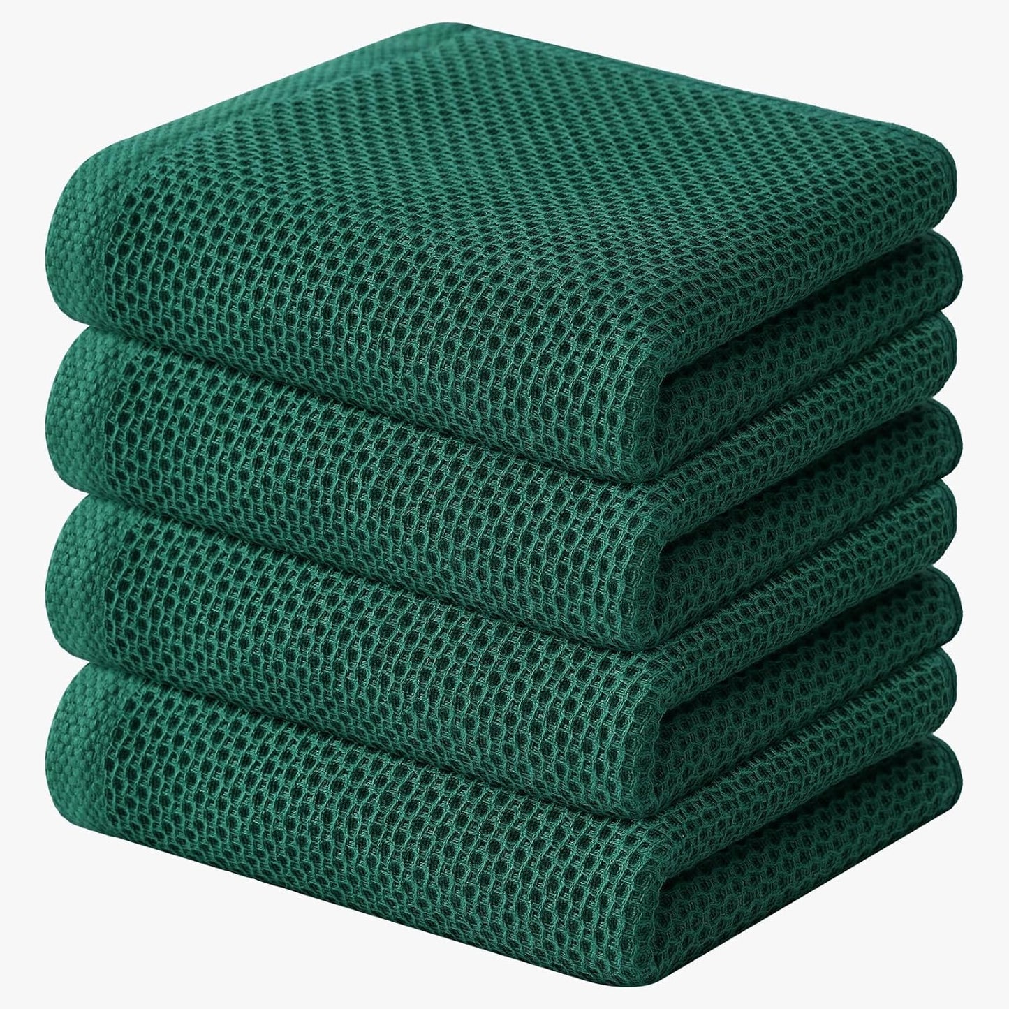 Kitinjoy 100% Cotton Waffle Weave Kitchen Towels, 4-Pack Super Soft and Absorbent Dish Towels for Drying Dishes, Kitchen Hand Towels, 13 in x 28 in, Dark Green