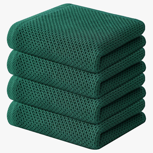 Kitinjoy 100% Cotton Waffle Weave Kitchen Towels, 4-Pack Super Soft and Absorbent Dish Towels for Drying Dishes, Kitchen Hand Towels, 13 in x 28 in, Dark Green