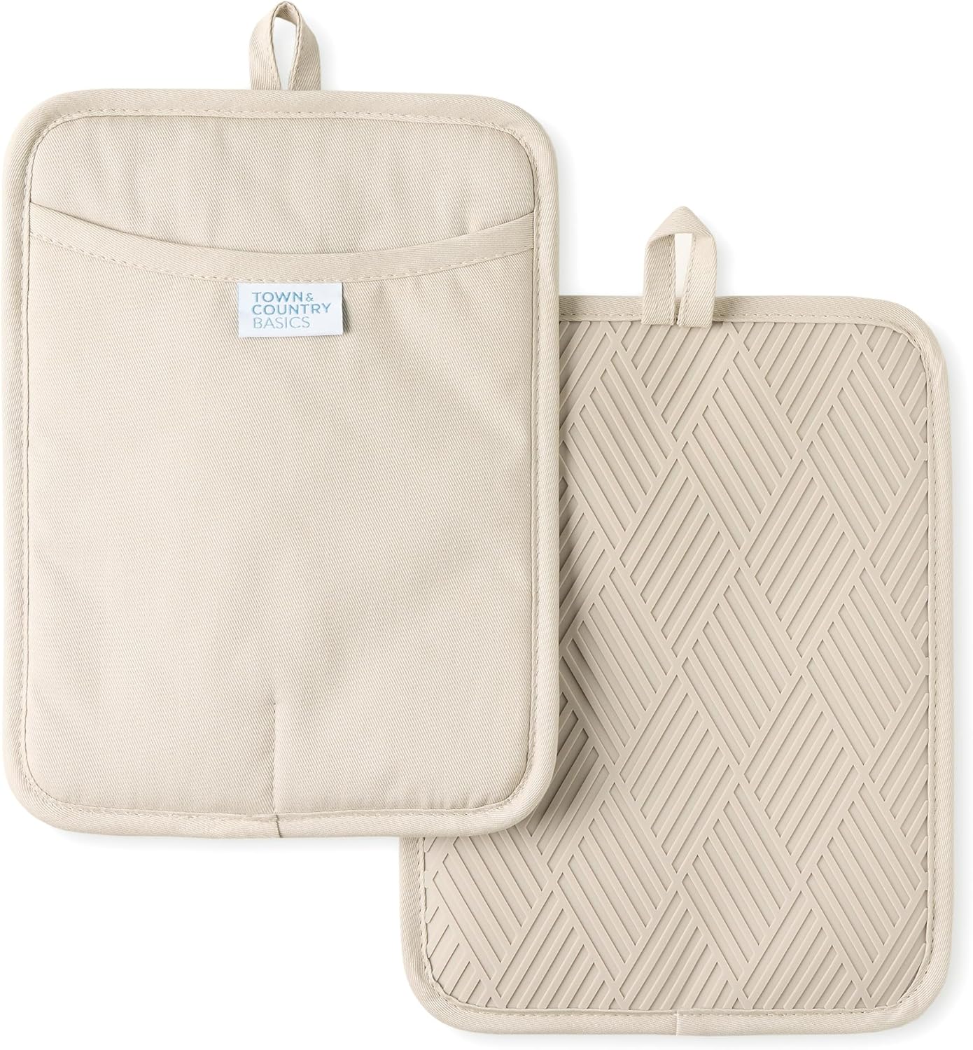 TOWN & COUNTRY BASICS Basketweave Soft Silicone Pot Holder 2-Pack Set, Heat Resistant up to 500F, Flexible Silicone, Non-Slip Grip, Beige, 7.5"x10"