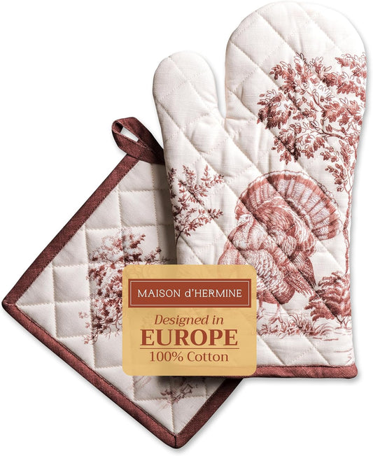 Maison d' Hermine 100% Cotton Oven Mitt & Pot Holder Set (7.5"x13" & 8"x8") Heat Resistant BBQ Cooking Gloves with Loop, Baking, Grilling, Kitchen, Handling Hot Pans (Holy Jouy - Brown)