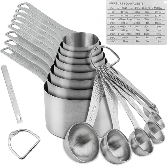 Measuring Cups and Spoons Set 19, Stainless Steel Measuring Cups and Spoons Set for Baking, Metric &US Metal Kitchen 8 Measuring Cup & 9 Measure Spoon & Equivalents & Leveler Set
