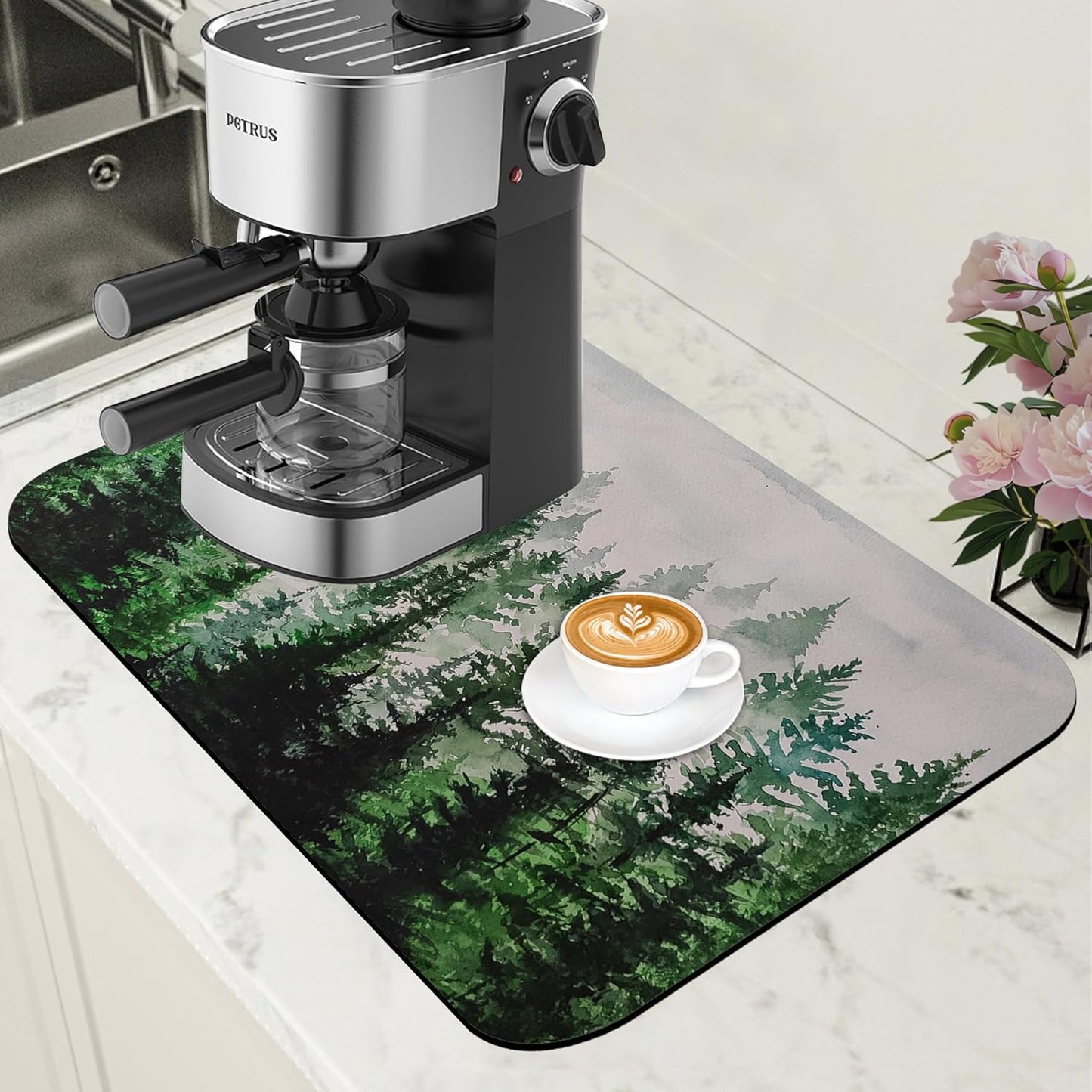 Dish Drying Mat Watercolor Foggy Forest Coffee Bar Mat for Countertop Absorbent Rubber Backed Hide Stain Dish Drainer Rack Pad Coffee Maker Espresso Machine Dining Room Decor 11.8 x 19.7 Inch
