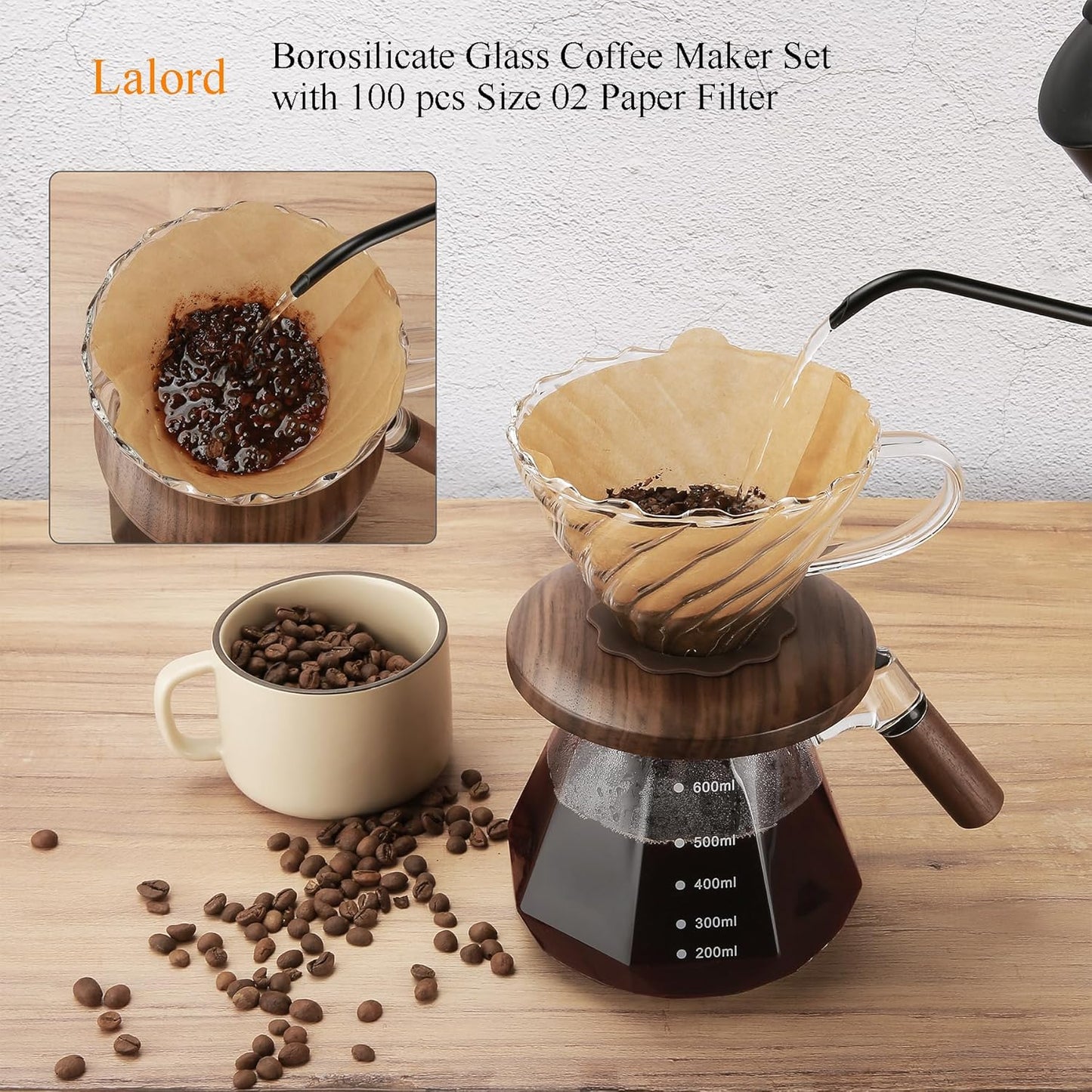 Pour Over Coffee Maker, 20 oz Borosilicate Glass Set with 100 pcs V60 Paper Filter, Coffee Dripper with Walnut Collar, Coffee Pot with Glass Lid, 1-3 Cups, Clear, (600 ml)