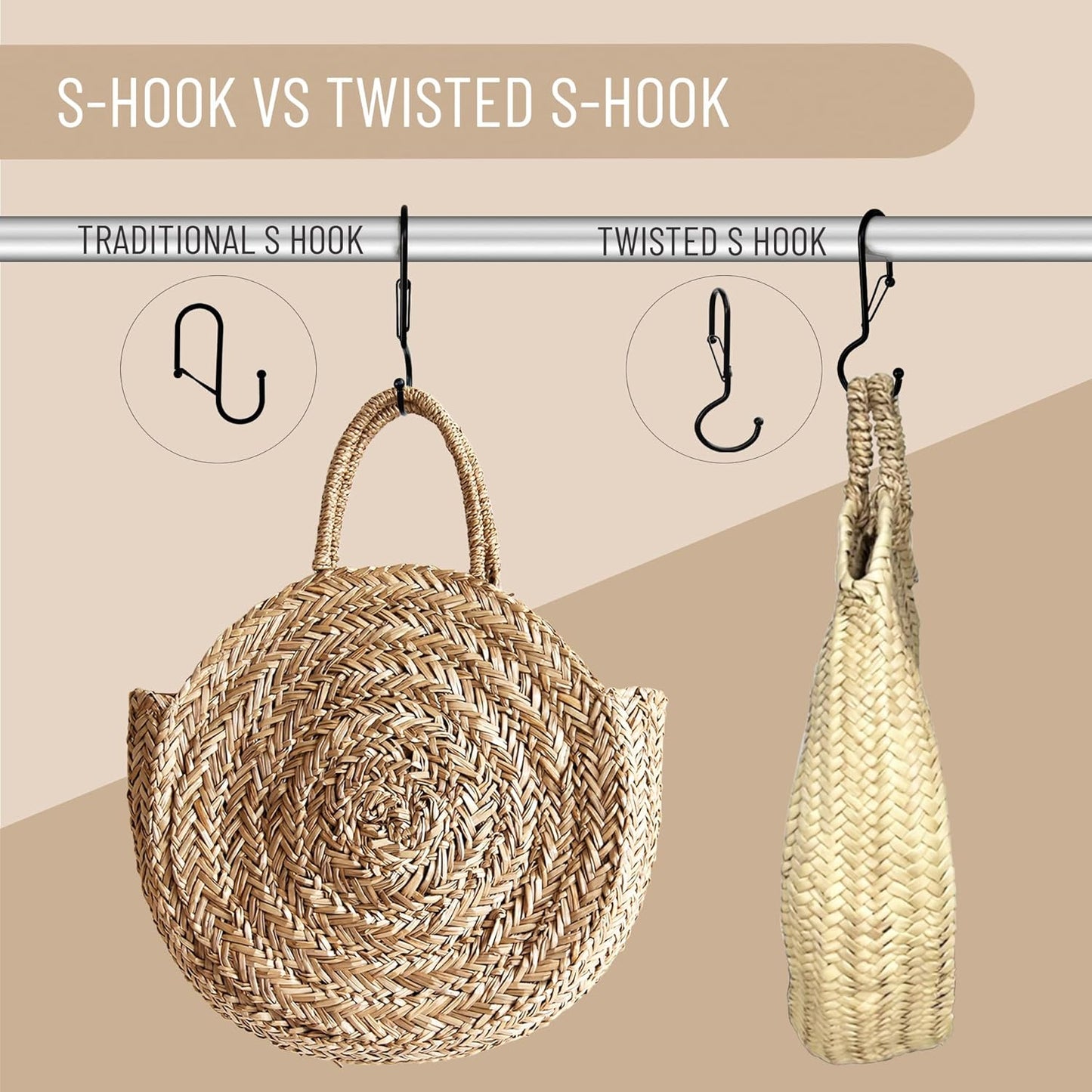 6 Purse Hanger for Closet. Tote Hanger. S-Shaped Hooks S Hooks Twist Design. Anti Drop S-Shaped Hook for Hanging Handbags with Safety Buckle to Prevent Falls. Heavy Duty. (Black, Twisted)